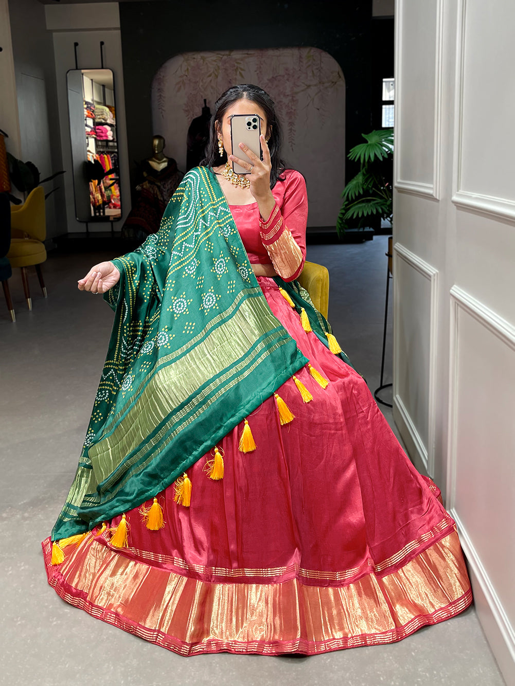 Red Patola Print With Foil Work Gaji Silk Lehenga Choli With Dupatta