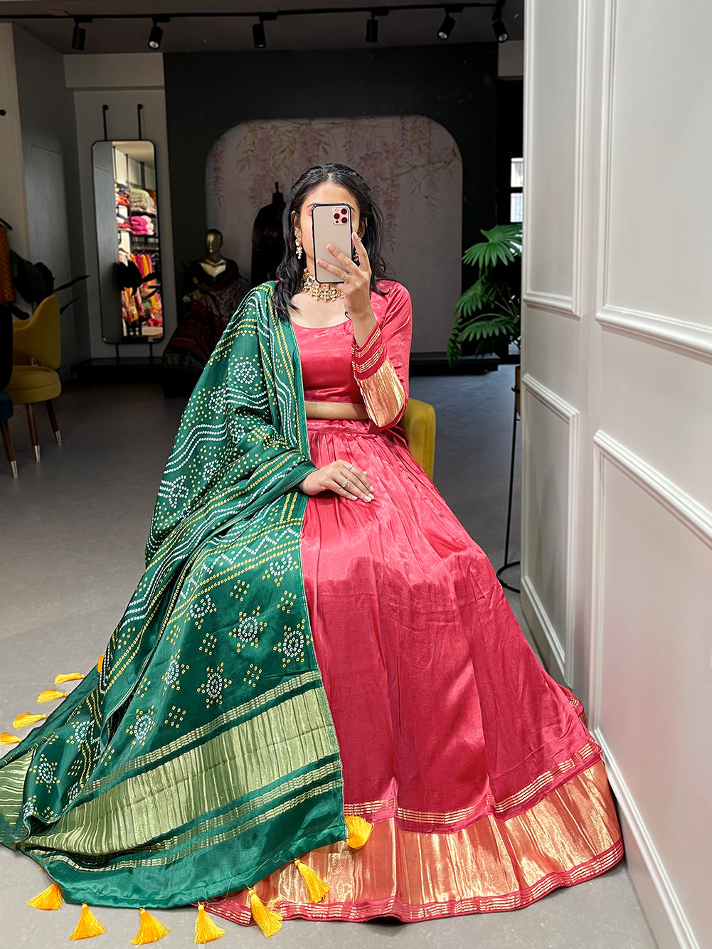 Red Patola Print With Foil Work Gaji Silk Lehenga Choli With Dupatta