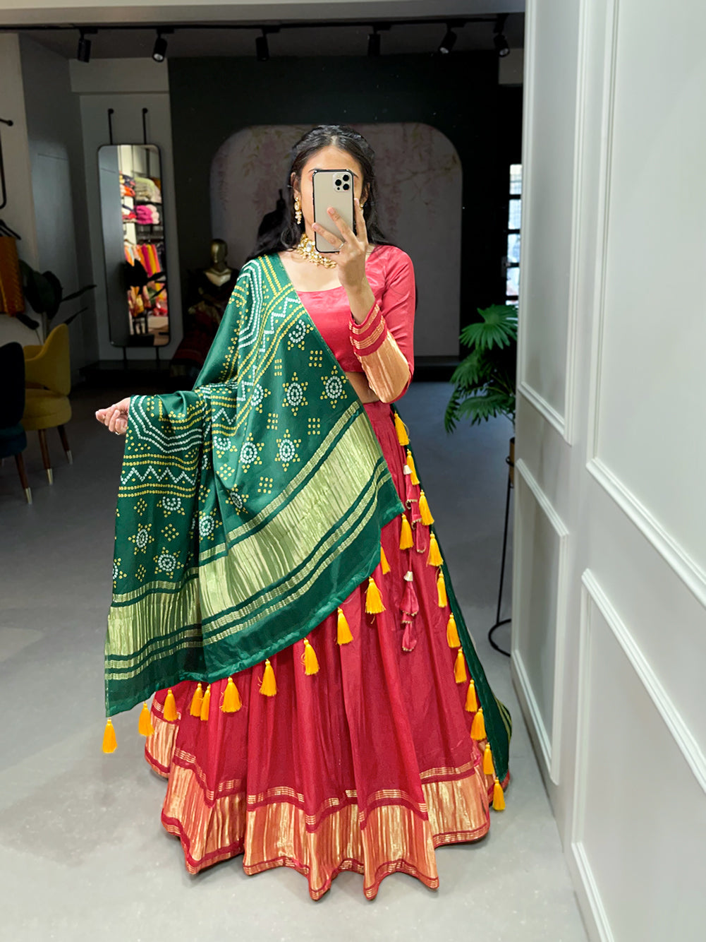 Red Patola Print With Foil Work Gaji Silk Lehenga Choli With Dupatta