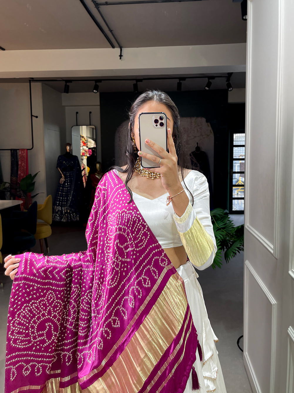 White Patola Print With Foil Work Gaji Silk Lehenga Choli With Dupatta