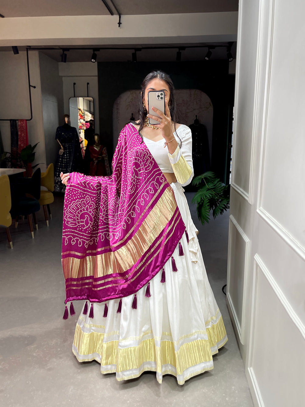 White Patola Print With Foil Work Gaji Silk Lehenga Choli With Dupatta