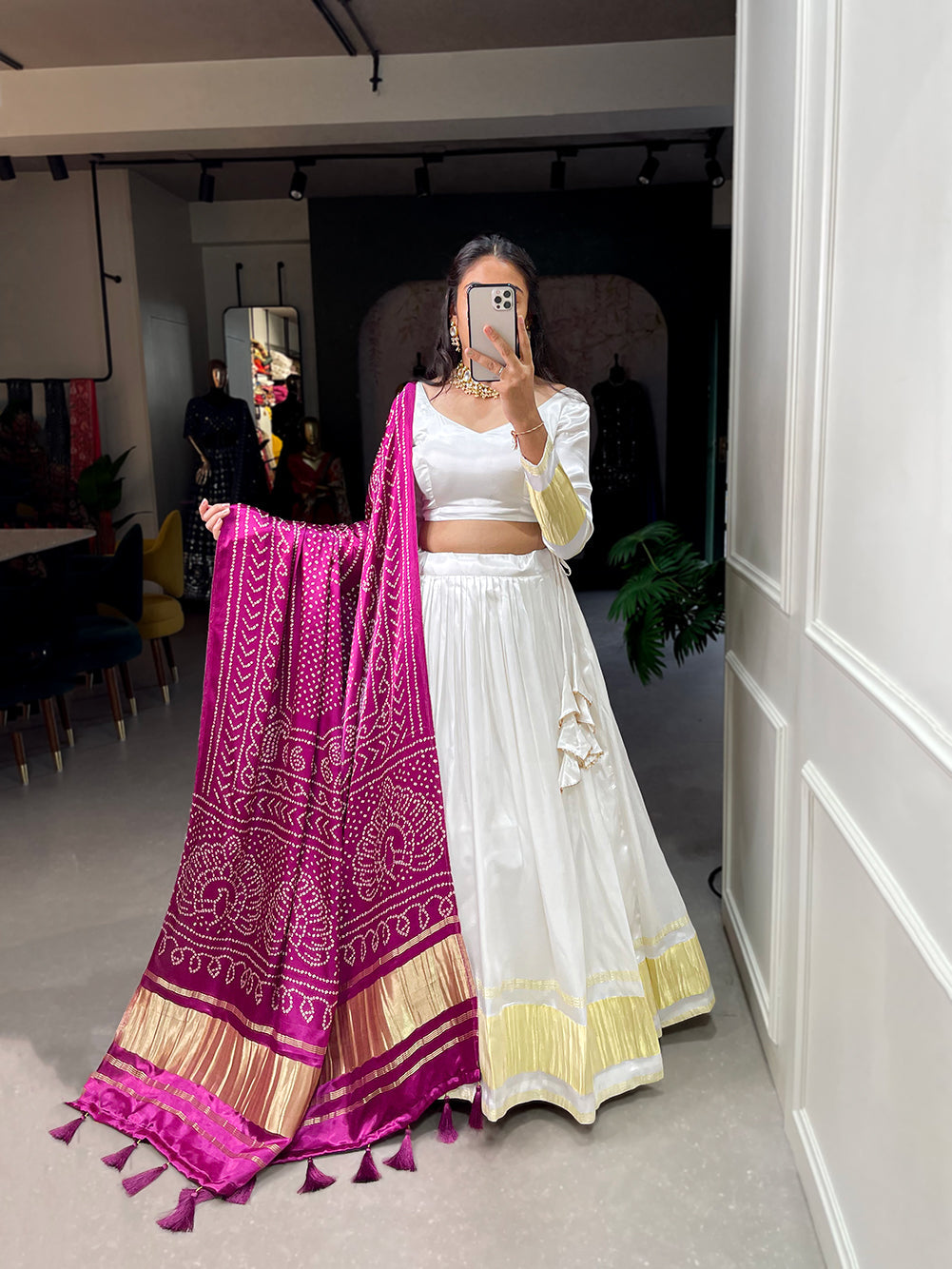 White Patola Print With Foil Work Gaji Silk Lehenga Choli With Dupatta