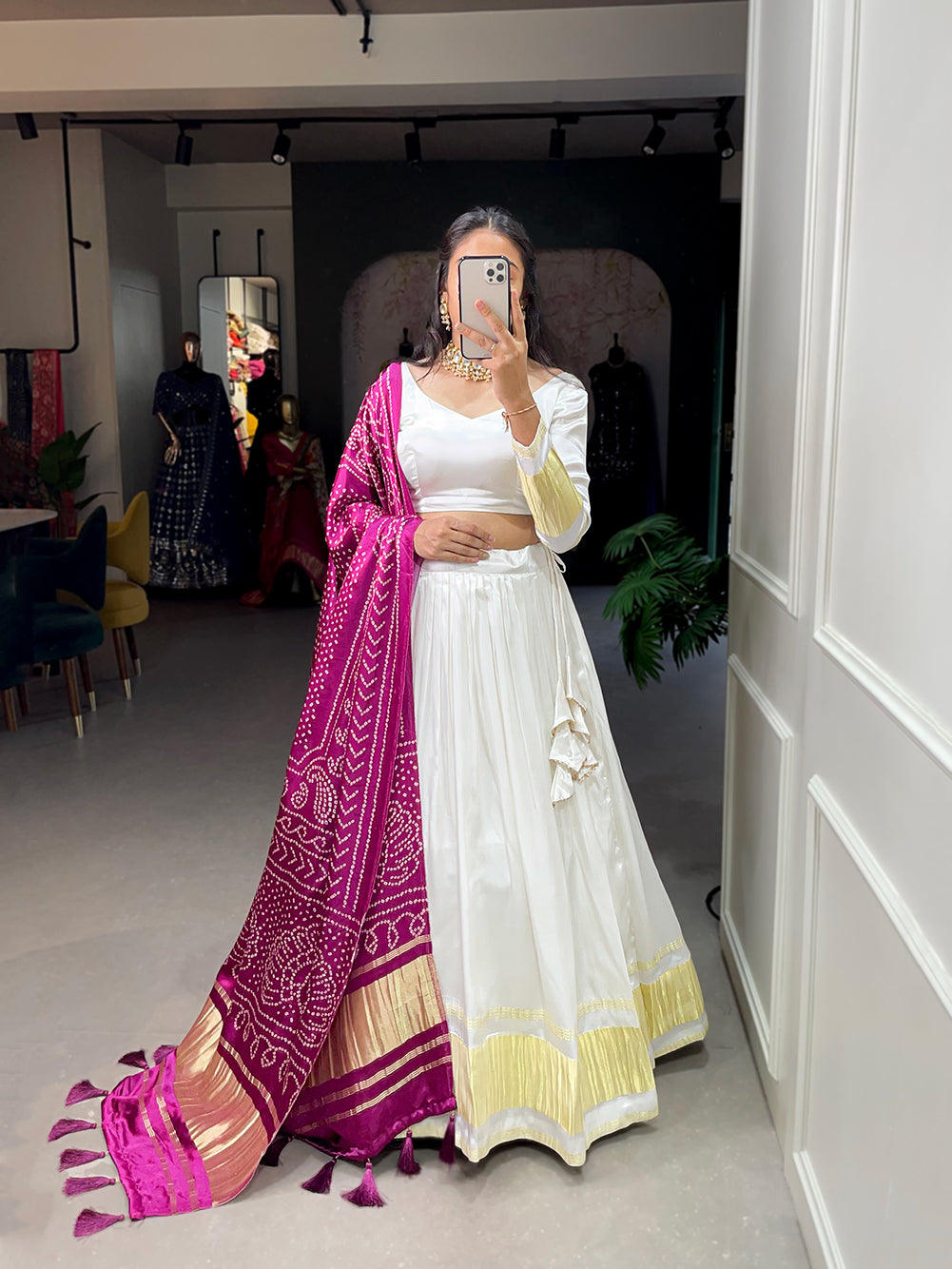 White Patola Print With Foil Work Gaji Silk Lehenga Choli With Dupatta