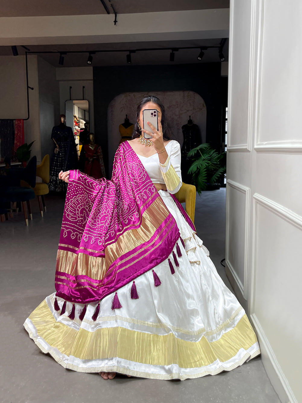 White Patola Print With Foil Work Gaji Silk Lehenga Choli With Dupatta