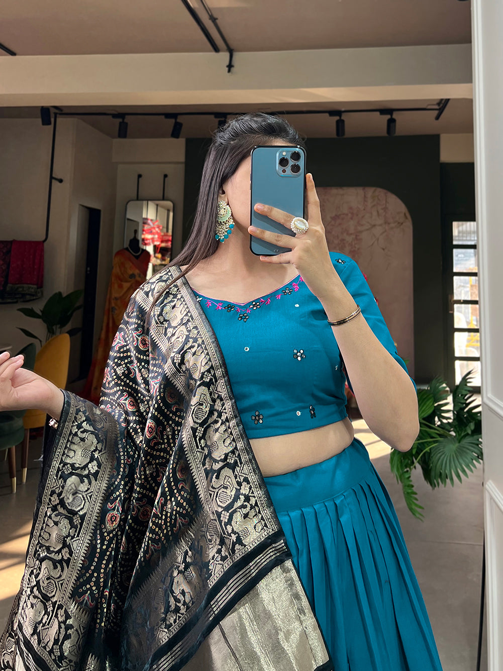 Women Blue Cotton Traditional Plain Lehenga Choli With Pure Gaji Silk Dupatta