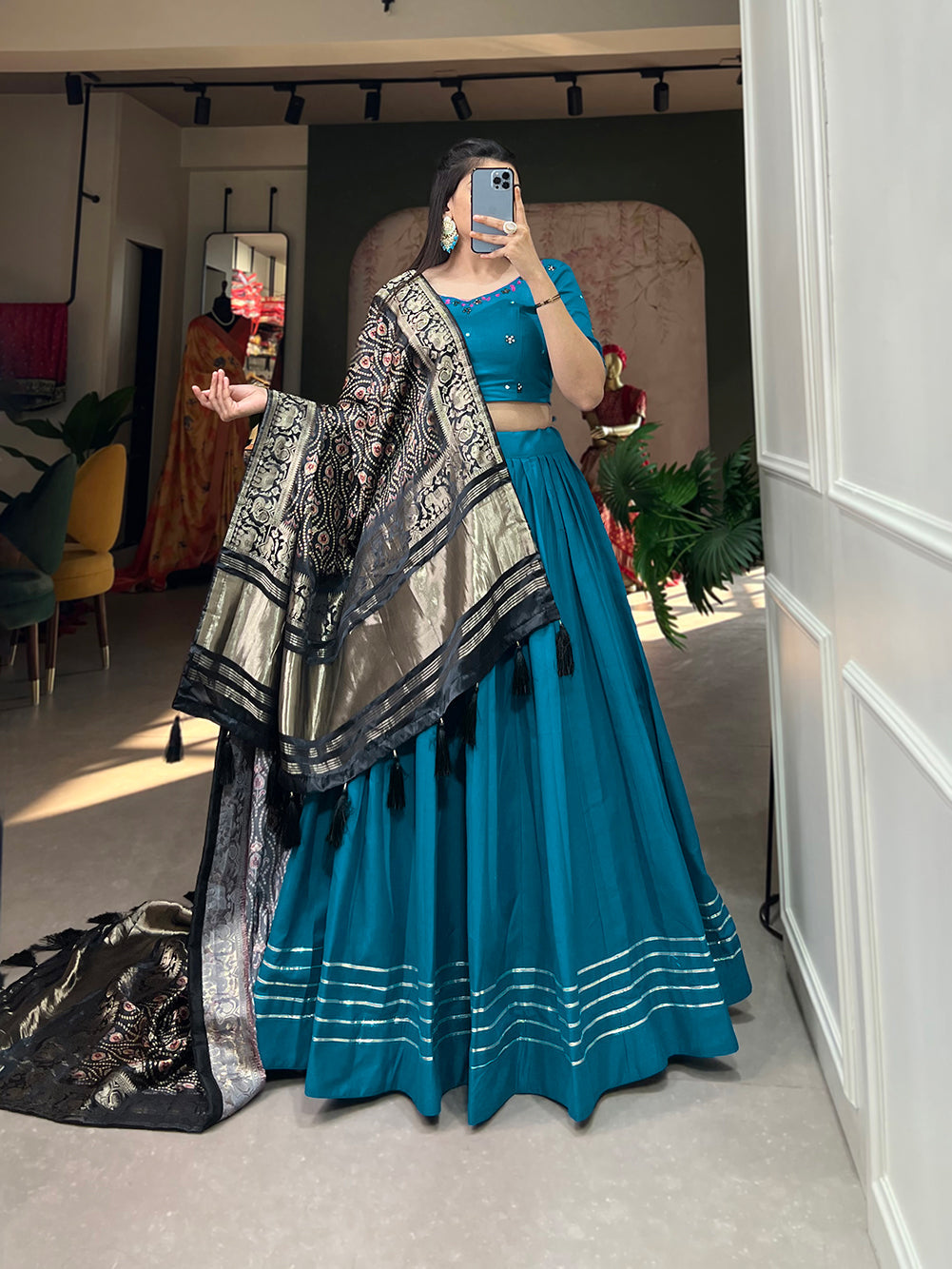 Women Blue Cotton Traditional Plain Lehenga Choli With Pure Gaji Silk Dupatta