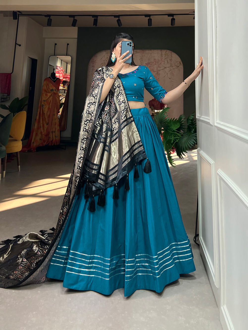 Women Blue Cotton Traditional Plain Lehenga Choli With Pure Gaji Silk Dupatta