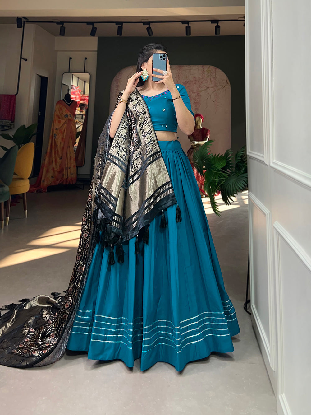 Women Blue Cotton Traditional Plain Lehenga Choli With Pure Gaji Silk Dupatta