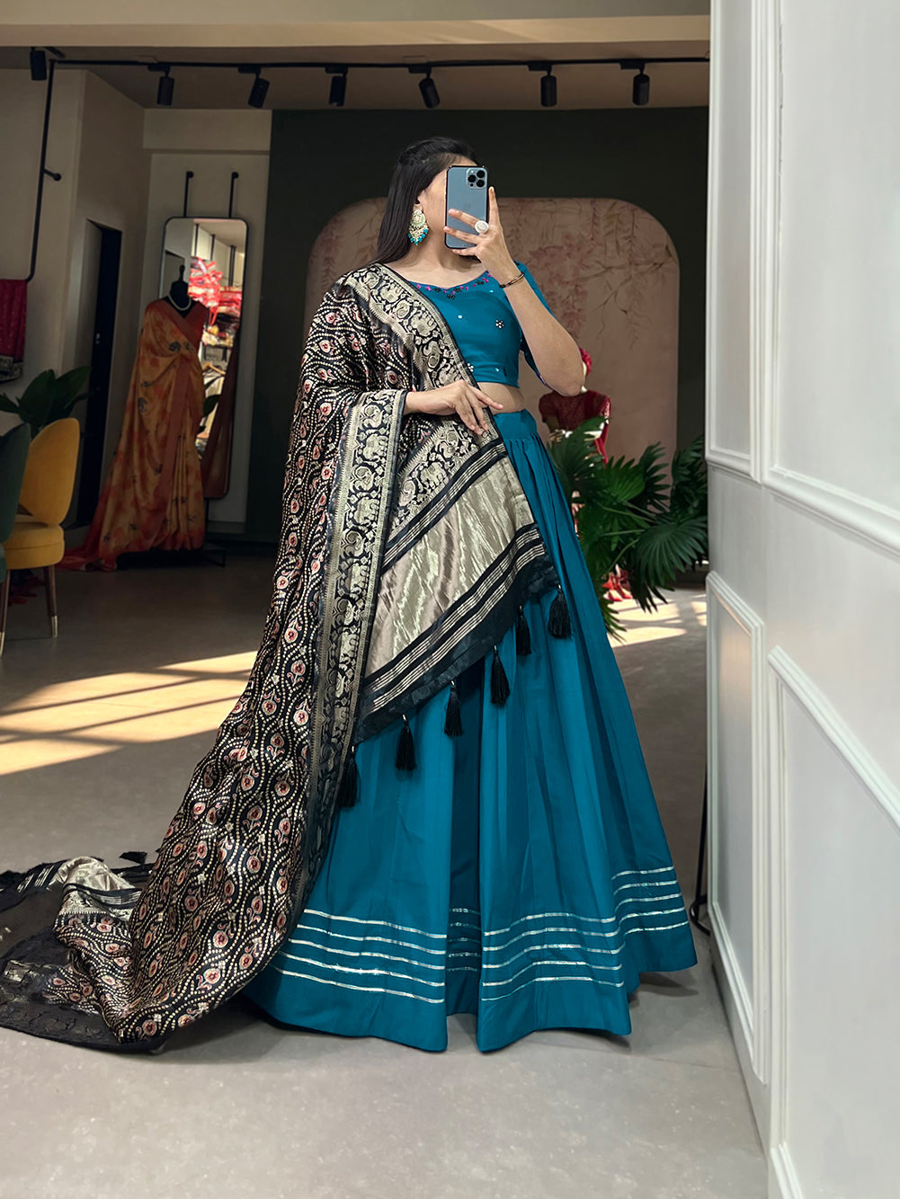 Women Blue Cotton Traditional Plain Lehenga Choli With Pure Gaji Silk Dupatta