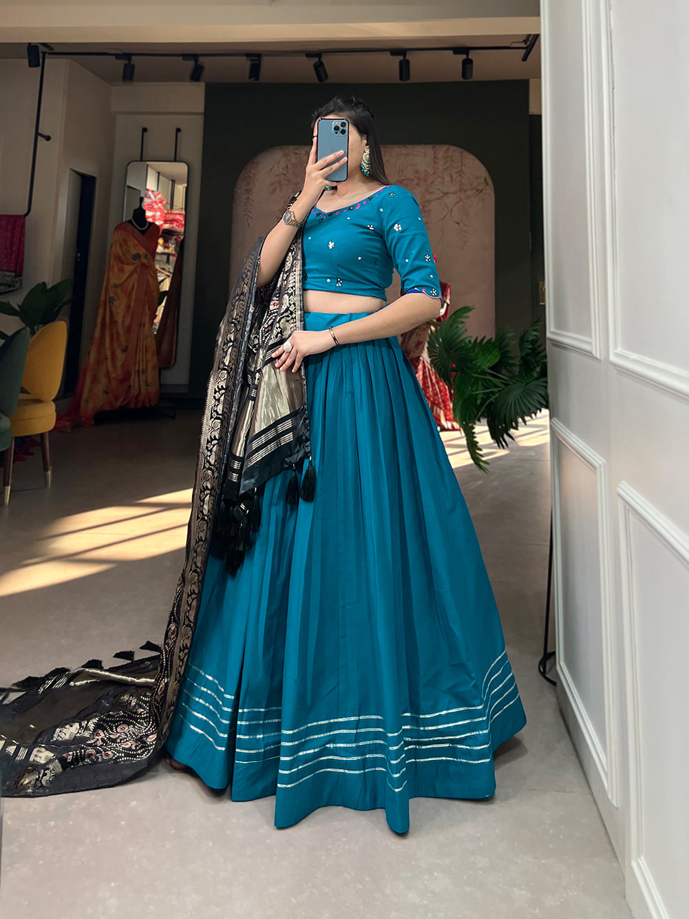 Women Blue Cotton Traditional Plain Lehenga Choli With Pure Gaji Silk Dupatta