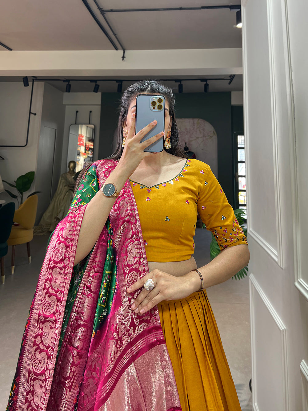 Women Mustard Yellow Cotton Traditional Plain Lehenga Choli With Pure Gaji Silk Dupatta