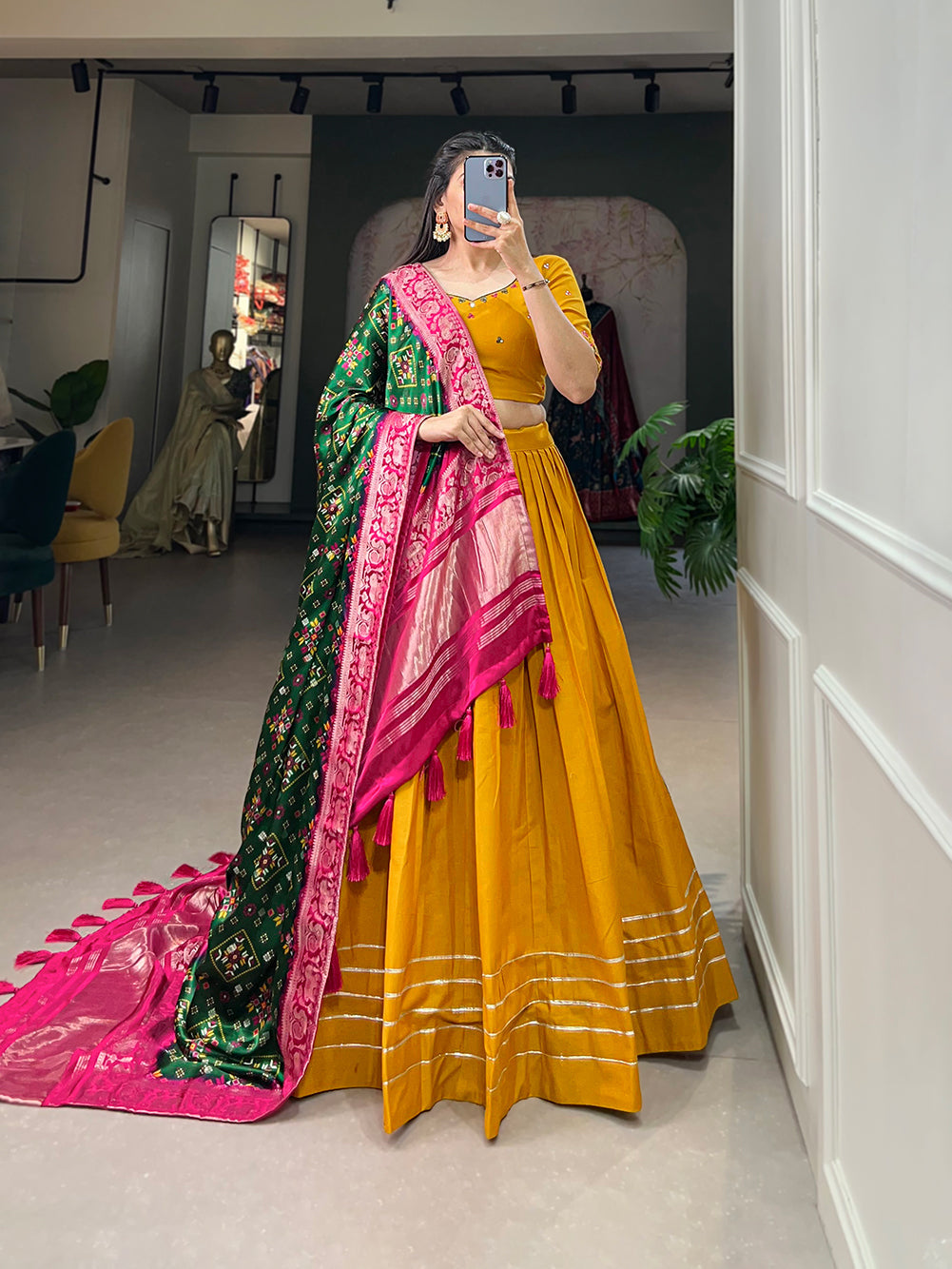 Women Mustard Yellow Cotton Traditional Plain Lehenga Choli With Pure Gaji Silk Dupatta