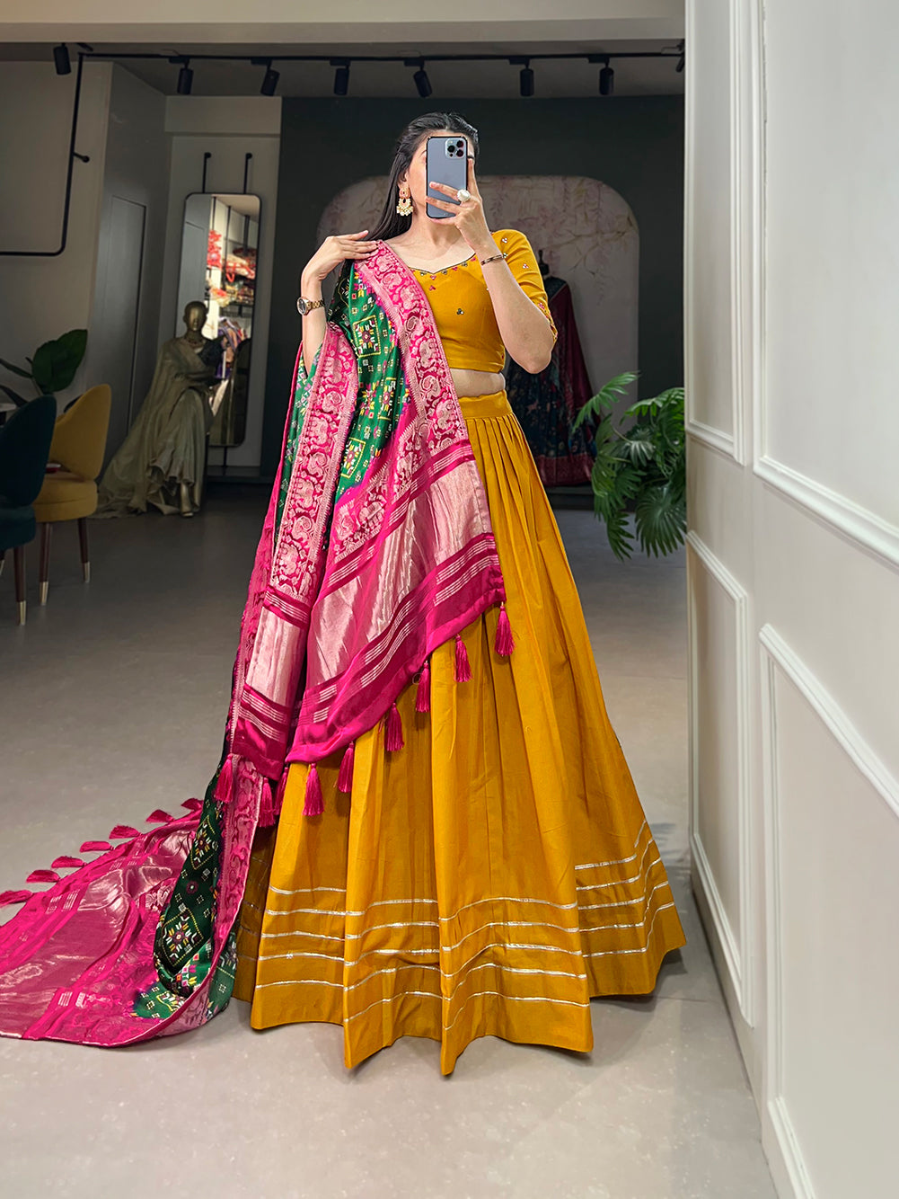 Women Mustard Yellow Cotton Traditional Plain Lehenga Choli With Pure Gaji Silk Dupatta