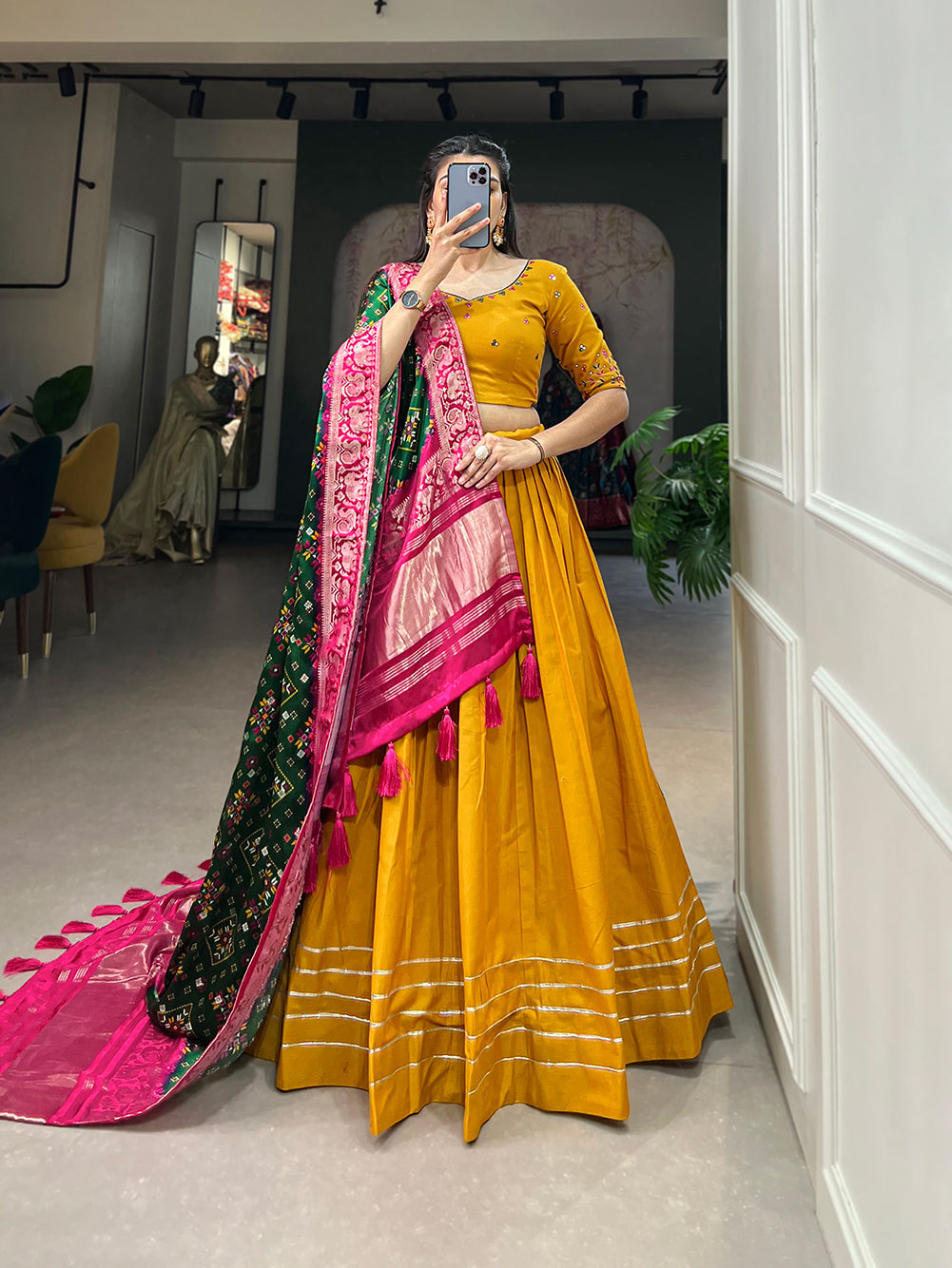 Women Mustard Yellow Cotton Traditional Plain Lehenga Choli With Pure Gaji Silk Dupatta
