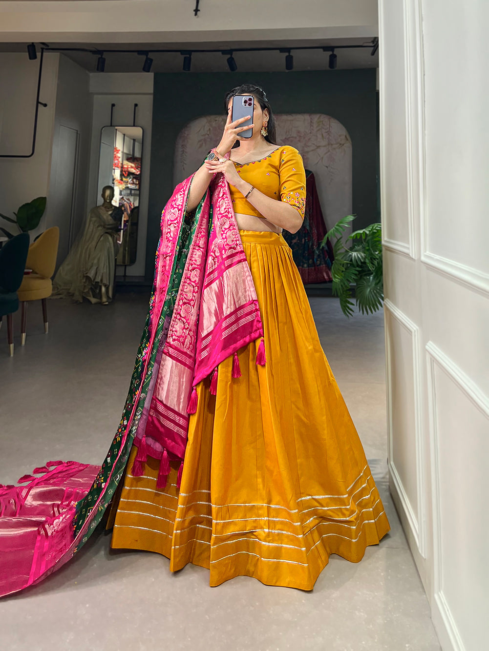 Women Mustard Yellow Cotton Traditional Plain Lehenga Choli With Pure Gaji Silk Dupatta