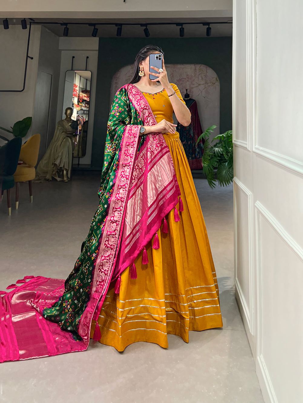Women Mustard Yellow Cotton Traditional Plain Lehenga Choli With Pure Gaji Silk Dupatta