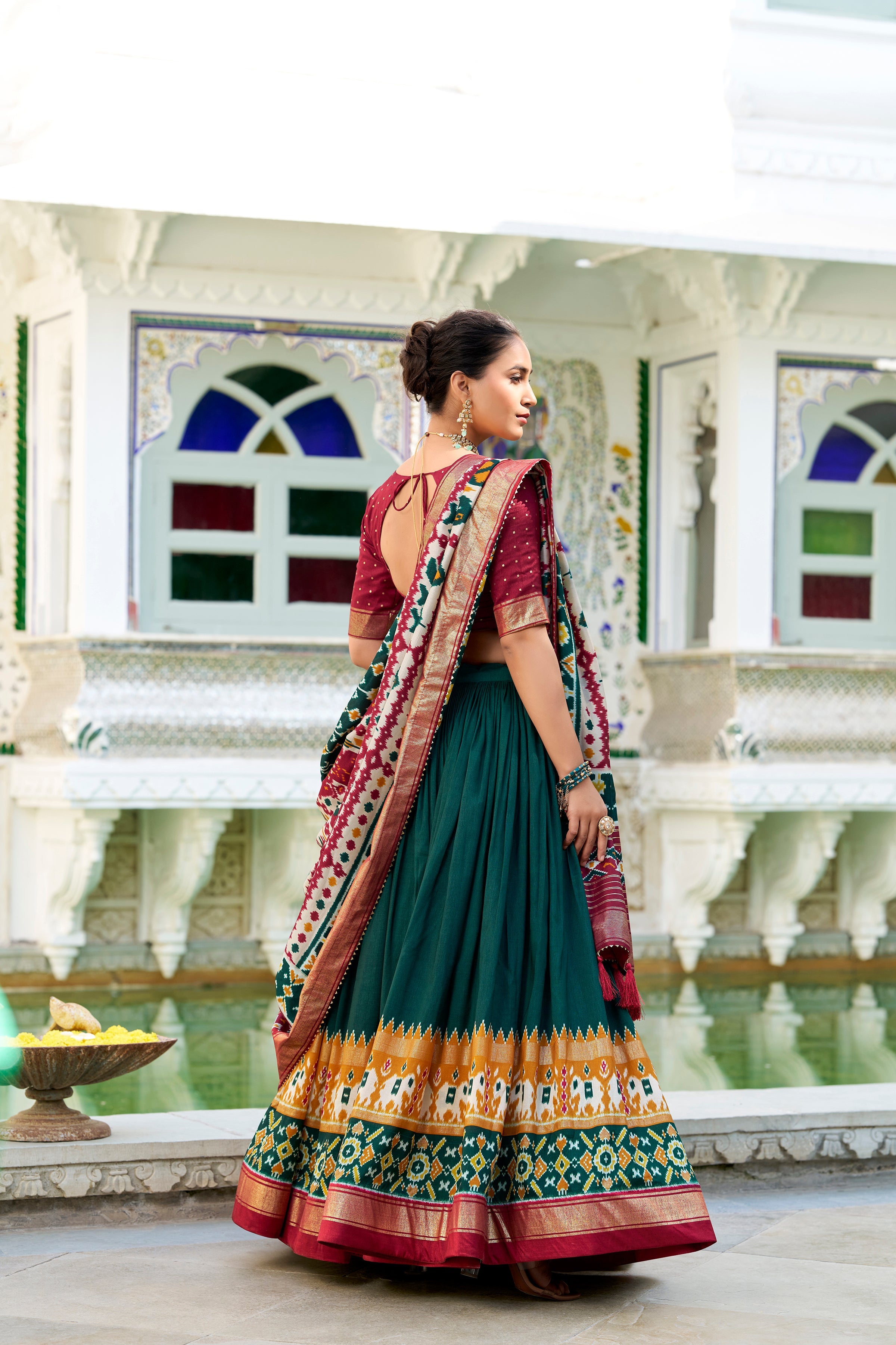 Green Lehenga Choli in Tussar Silk With Patola Print and Tussar Silk Dupatta