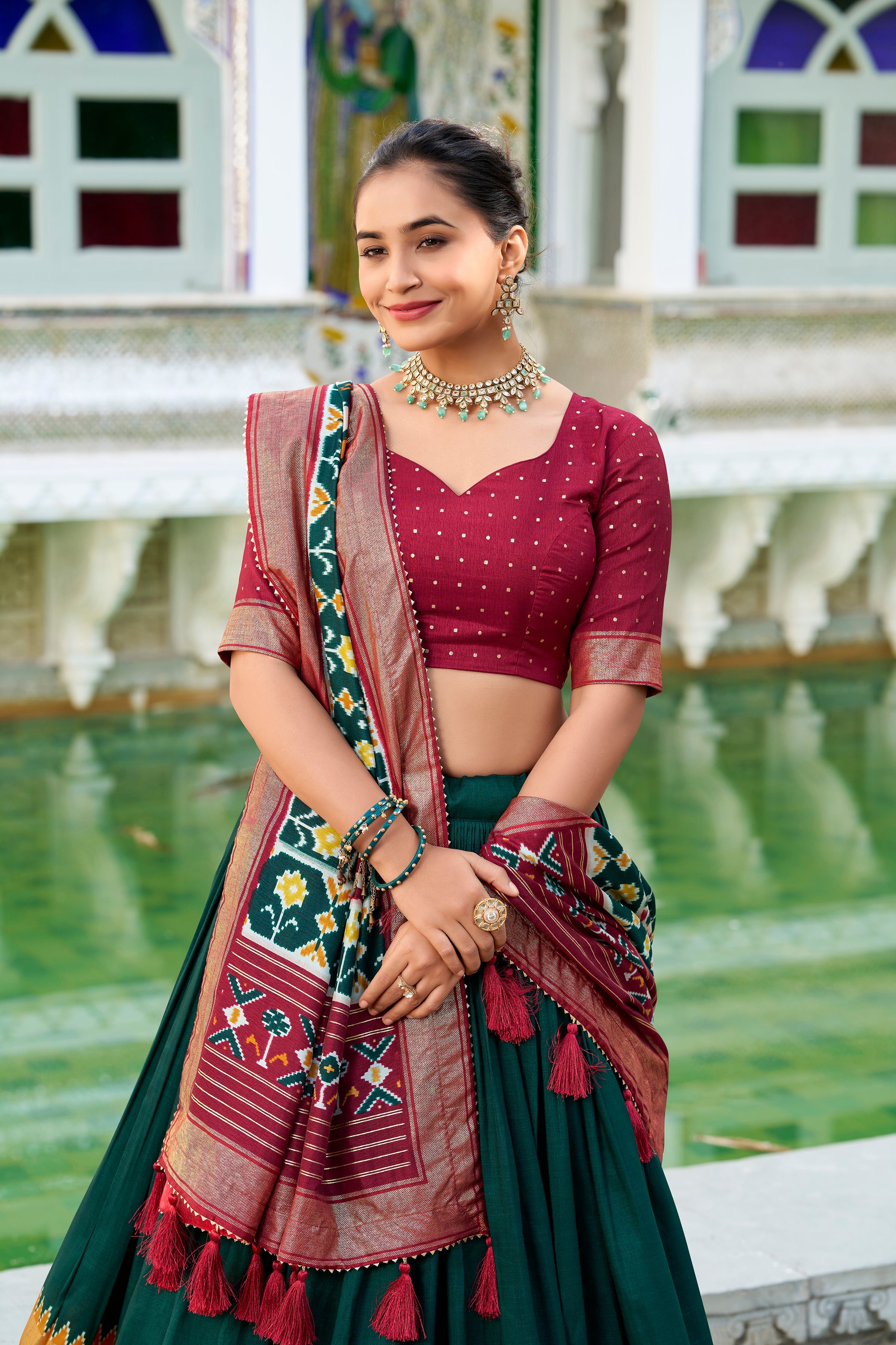 Green Lehenga Choli in Tussar Silk With Patola Print and Tussar Silk Dupatta
