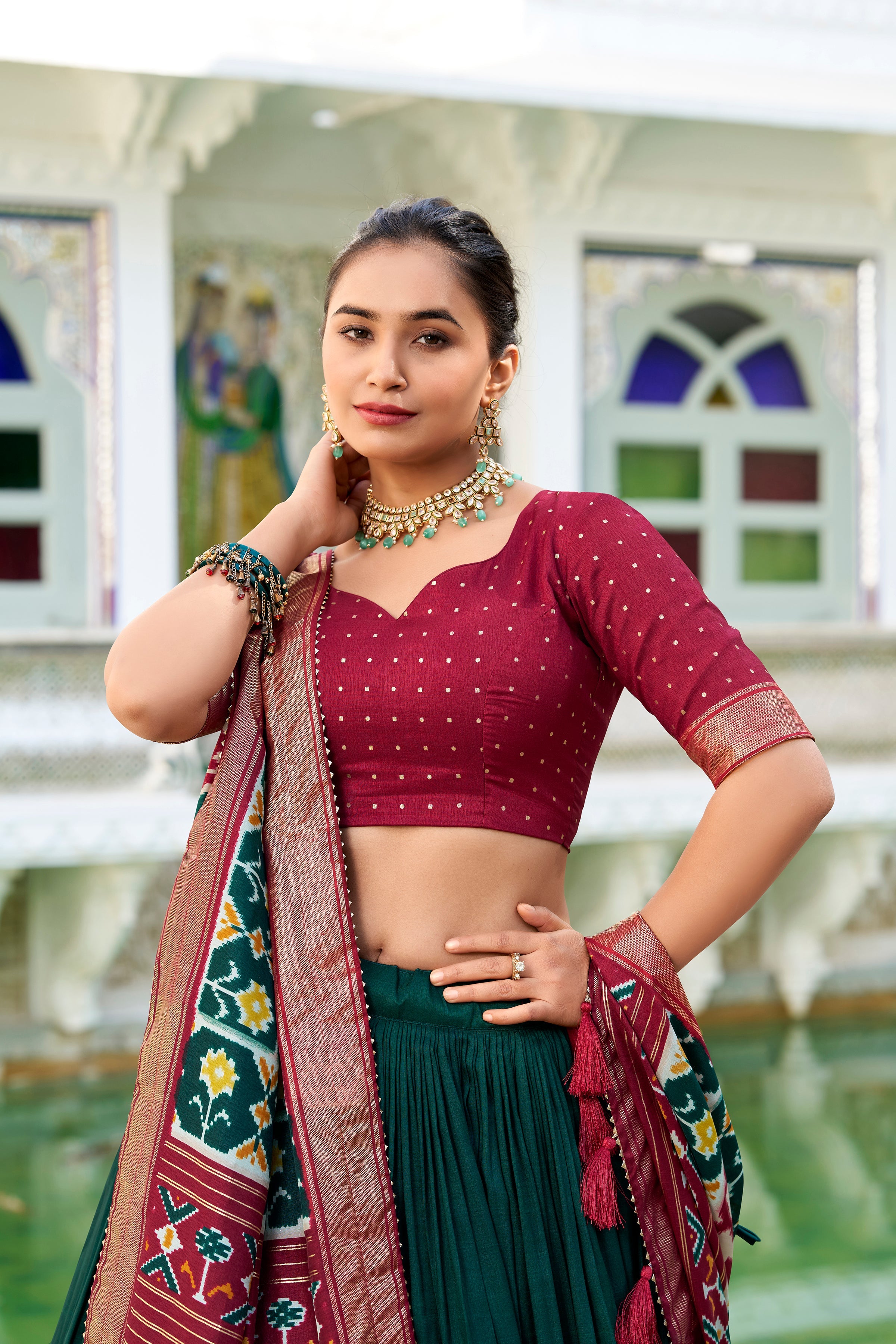 Green Lehenga Choli in Tussar Silk With Patola Print and Tussar Silk Dupatta