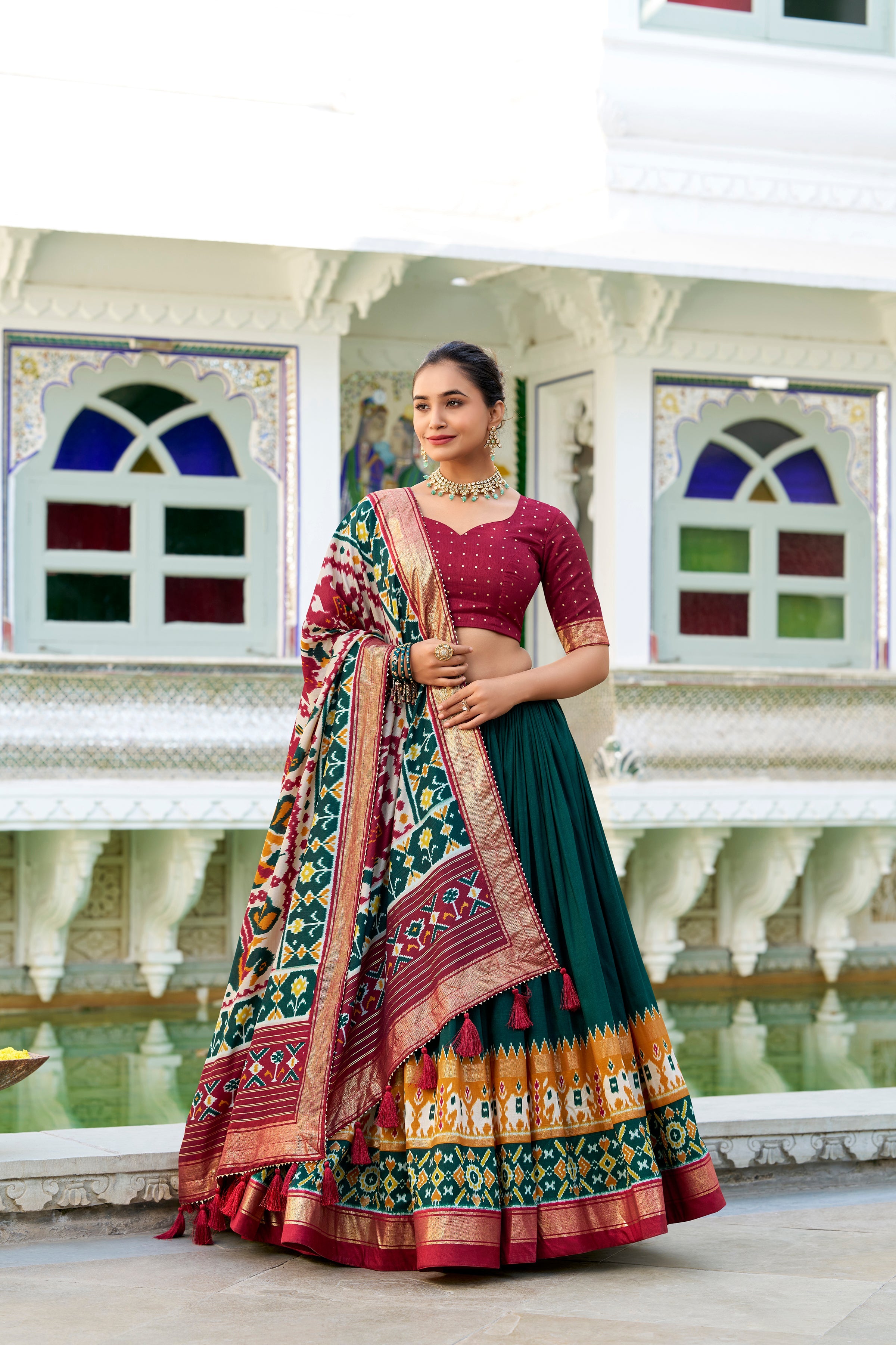 Green Lehenga Choli in Tussar Silk With Patola Print and Tussar Silk Dupatta