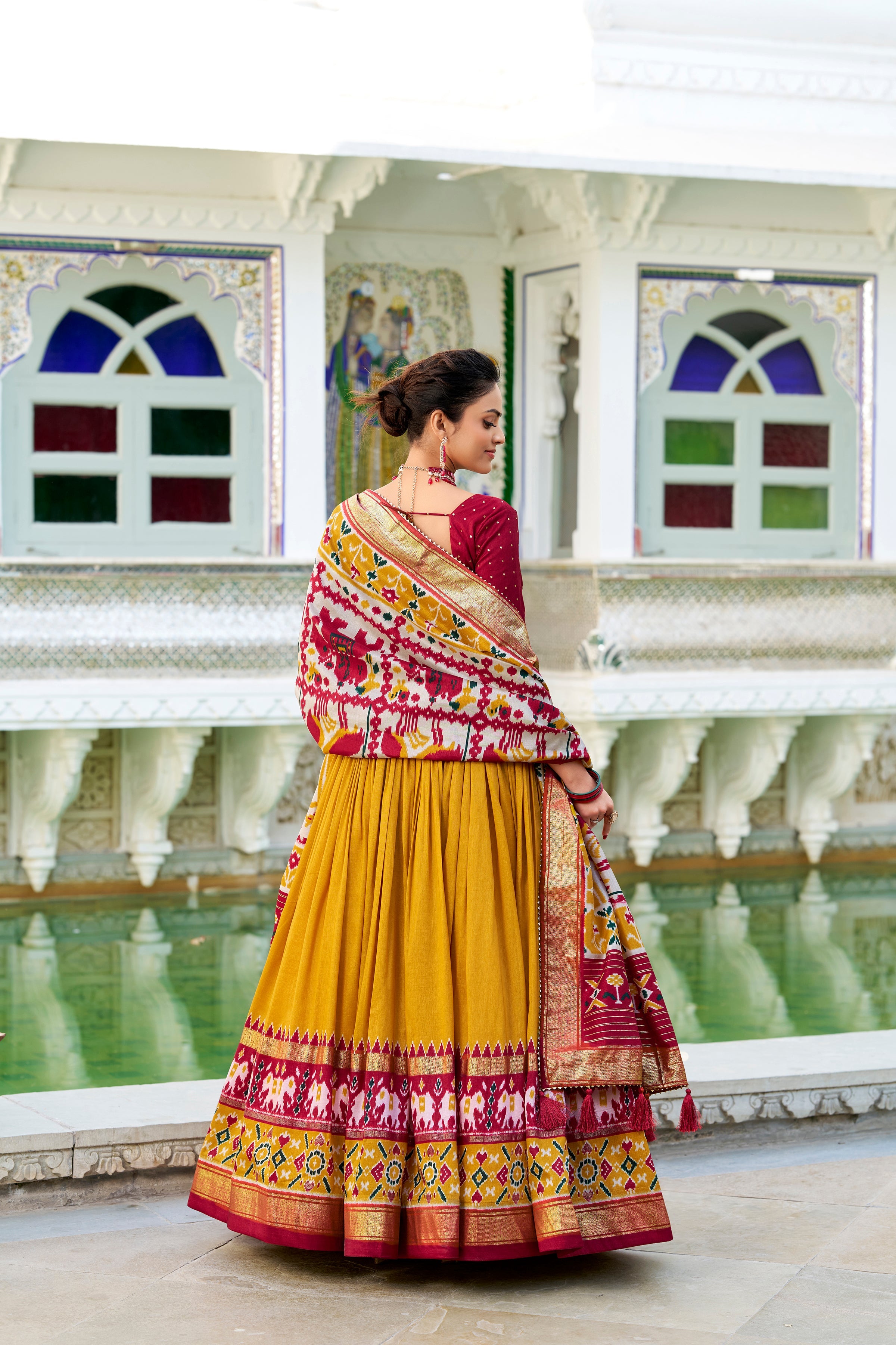 Yellow Lehenga Choli in Tussar Silk With Patola Print and Tussar Silk Dupatta