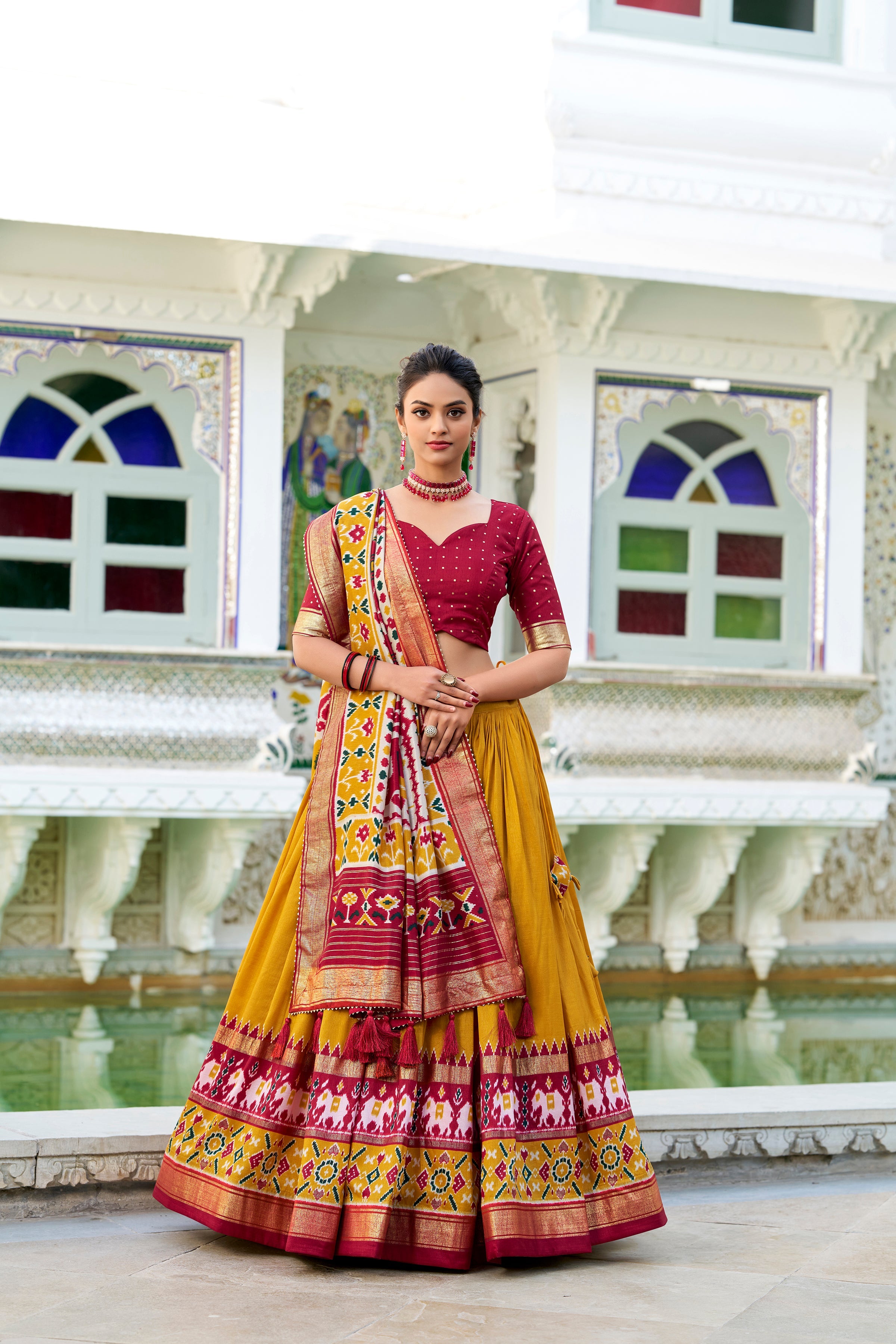 Yellow Lehenga Choli in Tussar Silk With Patola Print and Tussar Silk Dupatta