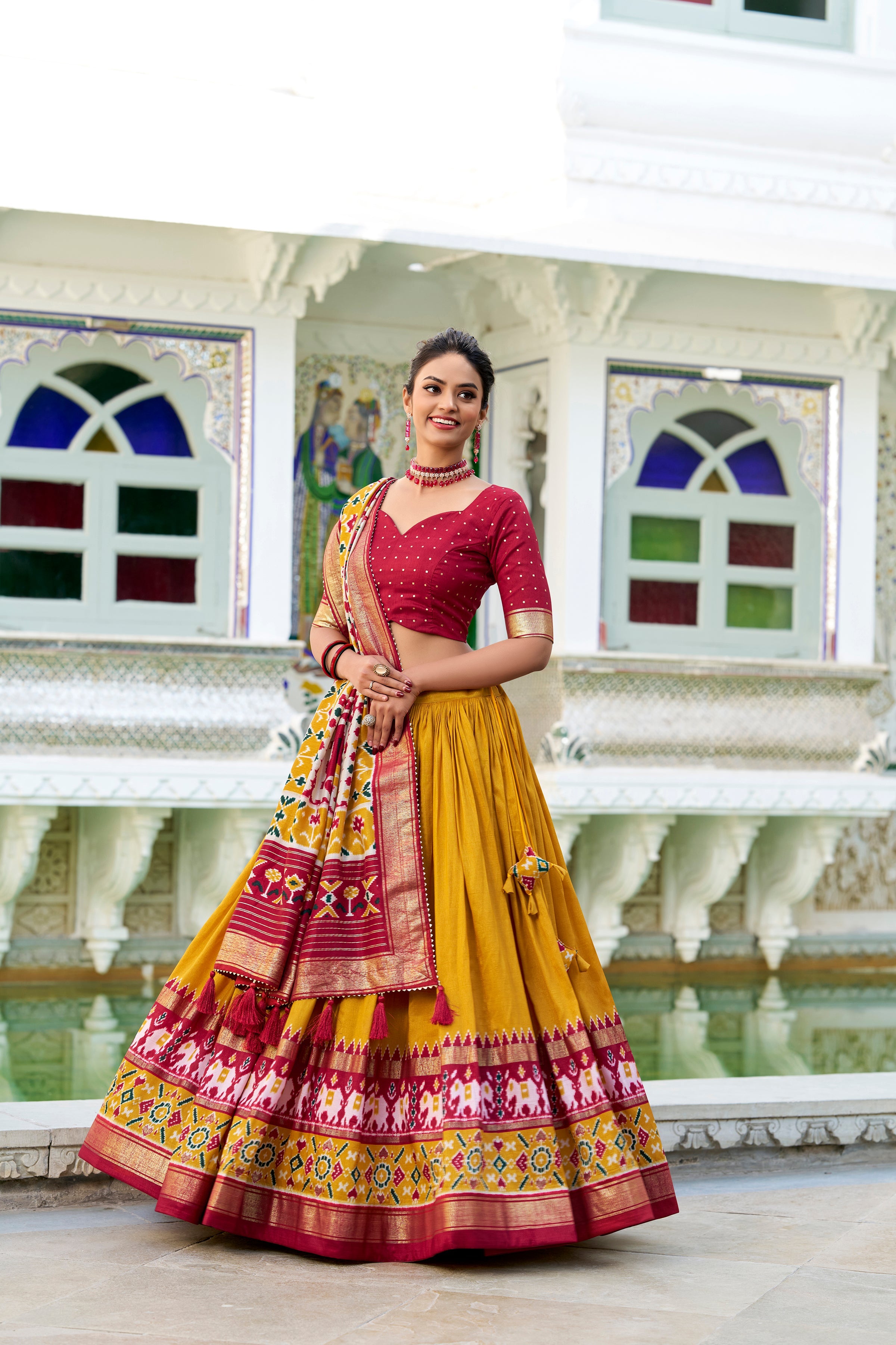 Yellow Lehenga Choli in Tussar Silk With Patola Print and Tussar Silk Dupatta