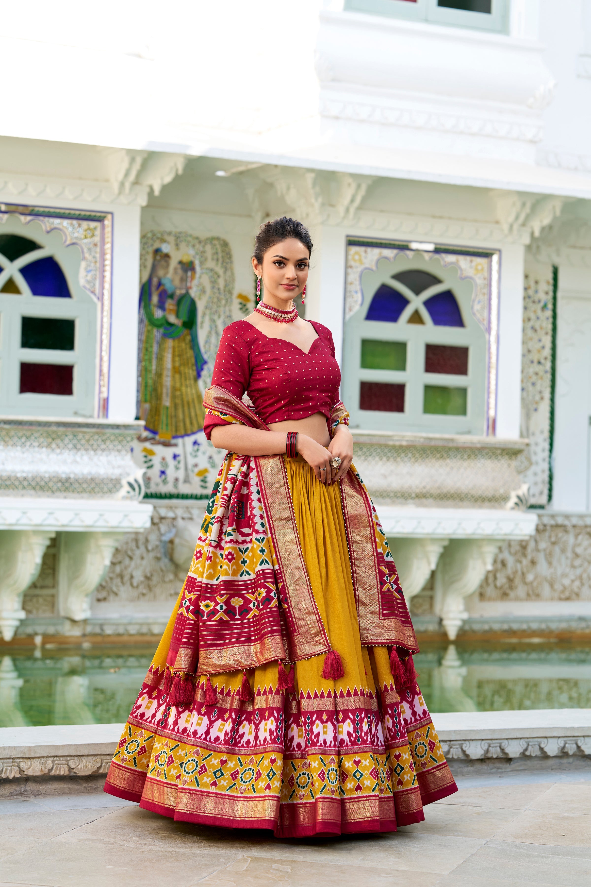 Yellow Lehenga Choli in Tussar Silk With Patola Print and Tussar Silk Dupatta
