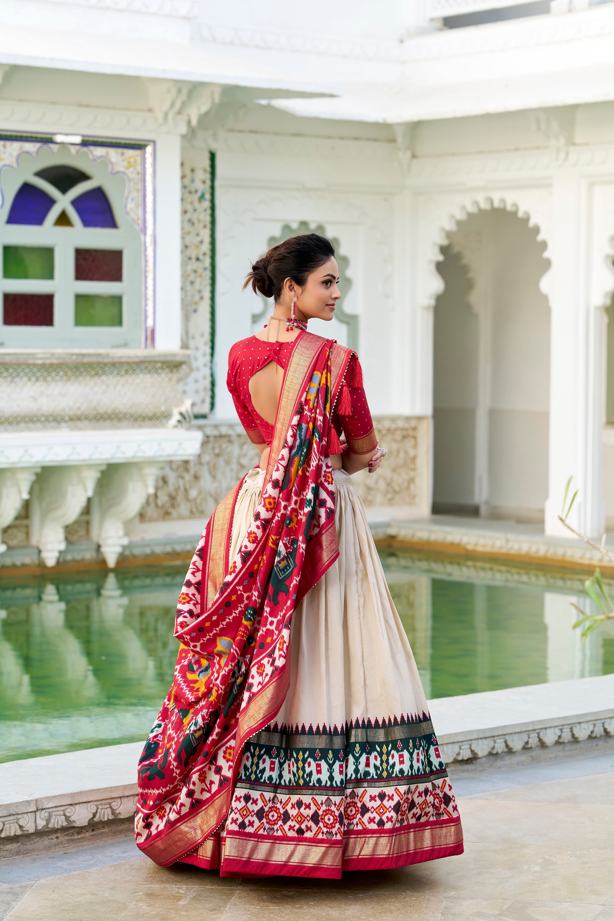 White Lehenga Choli in Tussar Silk With Patola Print and Tussar Silk Dupatta