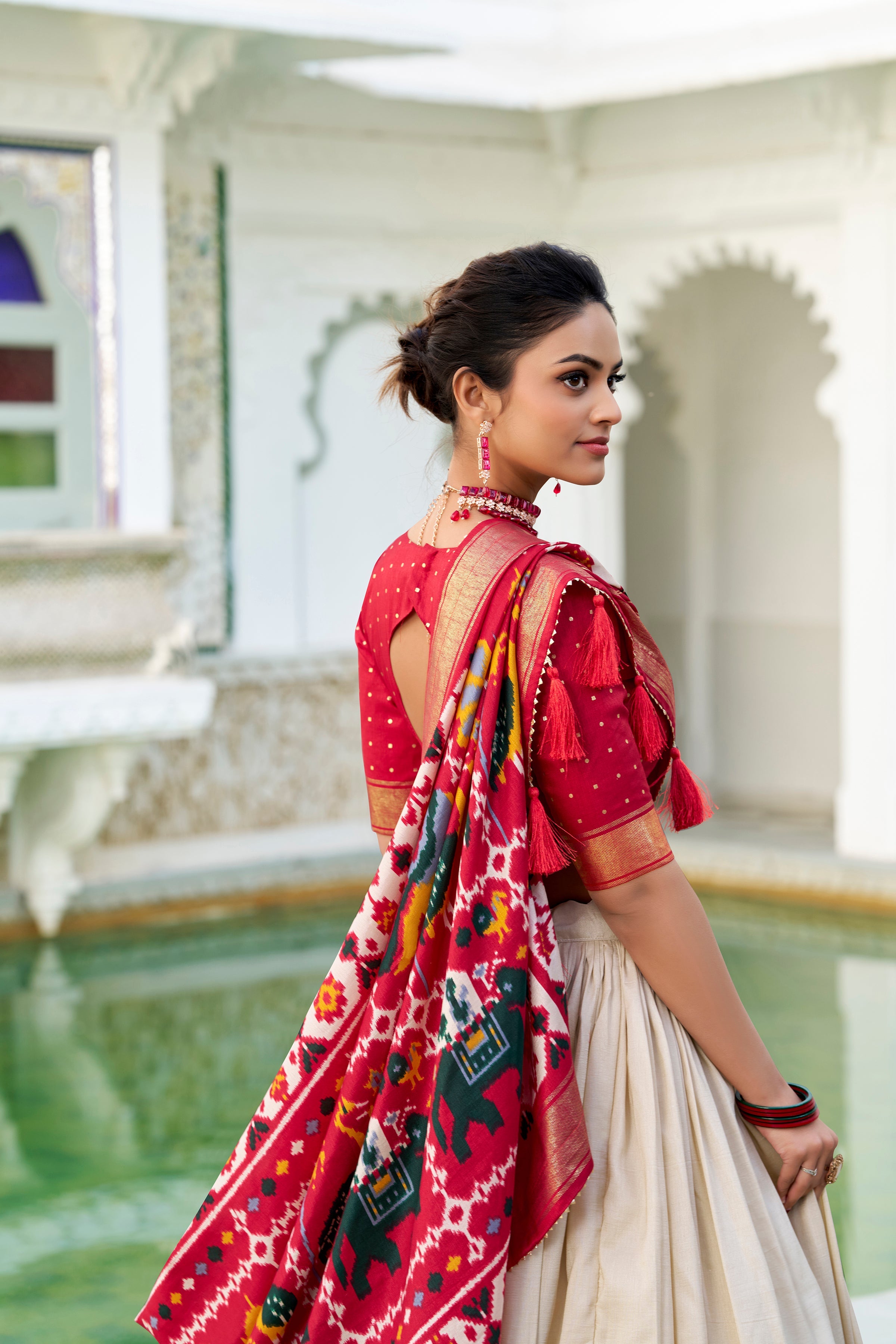 White Lehenga Choli in Tussar Silk With Patola Print and Tussar Silk Dupatta