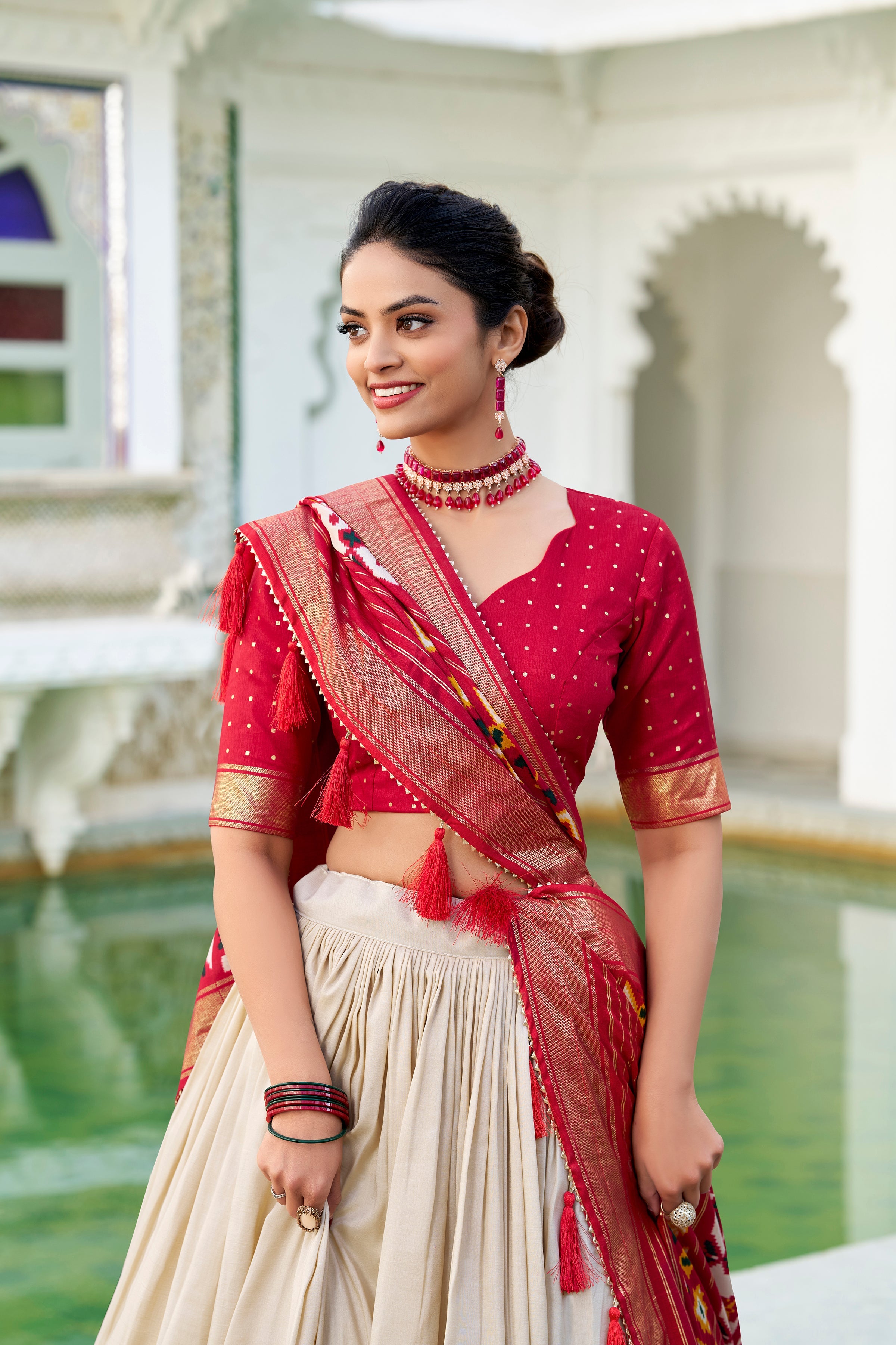 White Lehenga Choli in Tussar Silk With Patola Print and Tussar Silk Dupatta