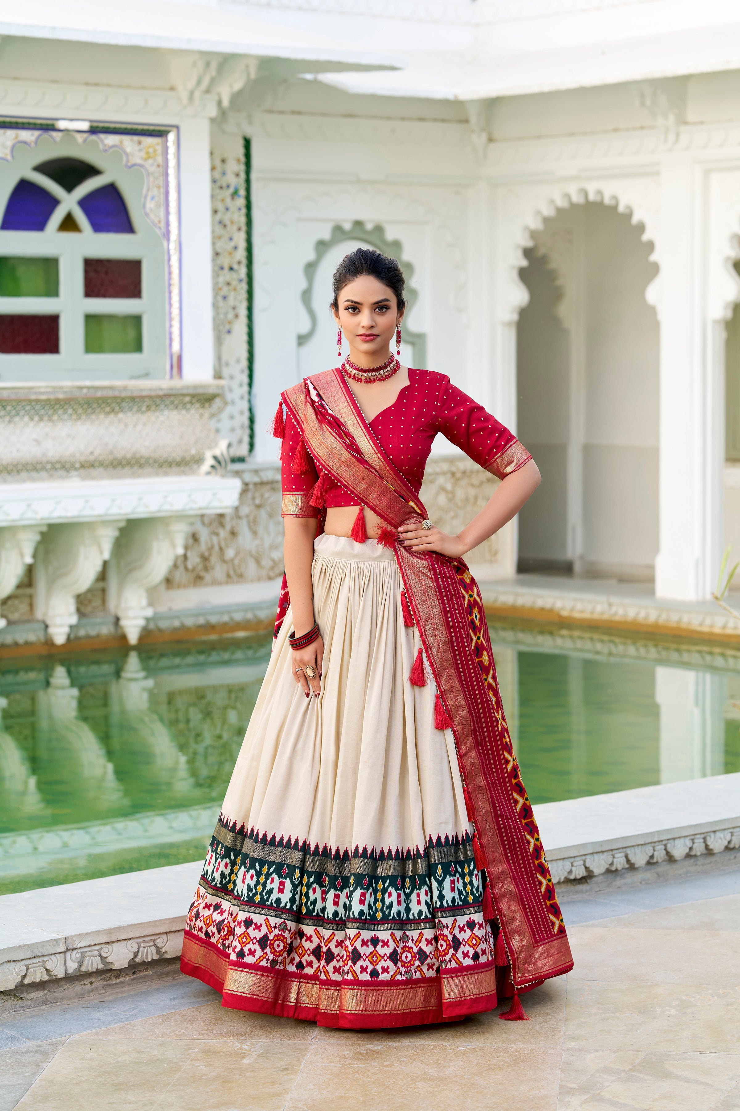 White Lehenga Choli in Tussar Silk With Patola Print and Tussar Silk Dupatta