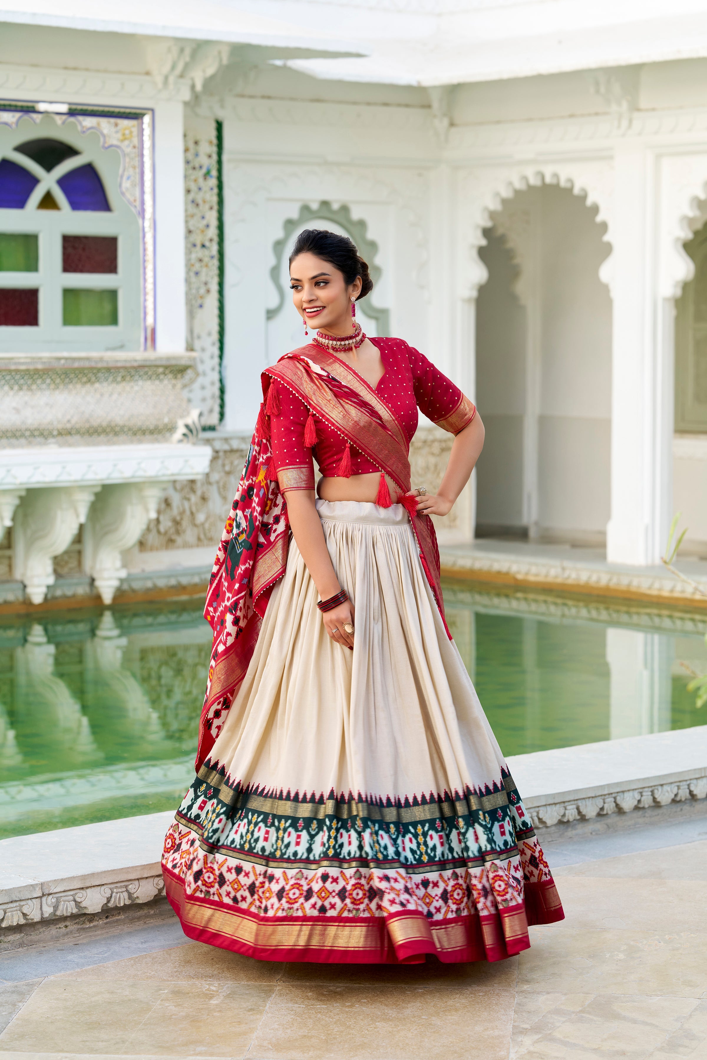 White Lehenga Choli in Tussar Silk With Patola Print and Tussar Silk Dupatta