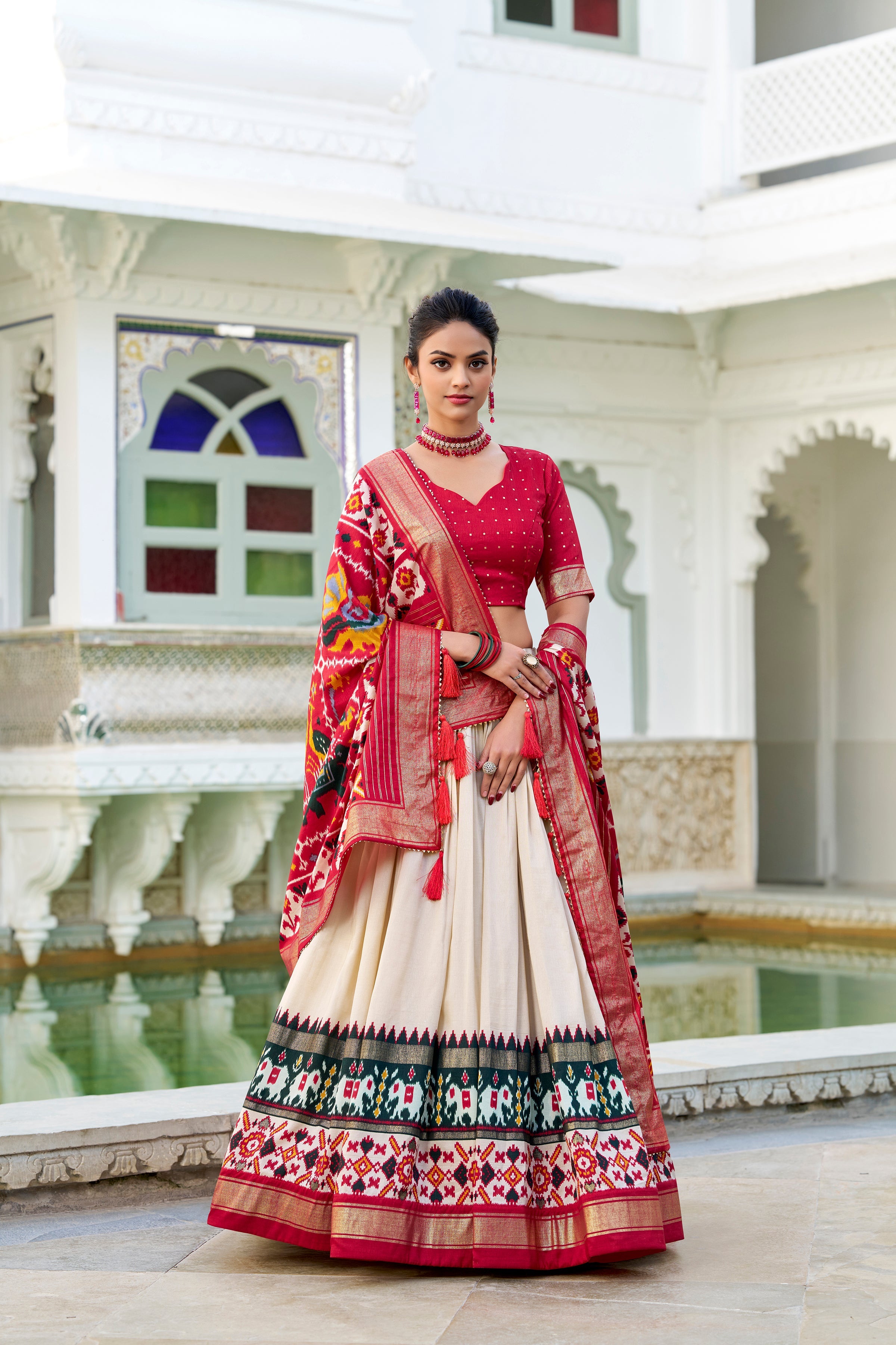 White Lehenga Choli in Tussar Silk With Patola Print and Tussar Silk Dupatta