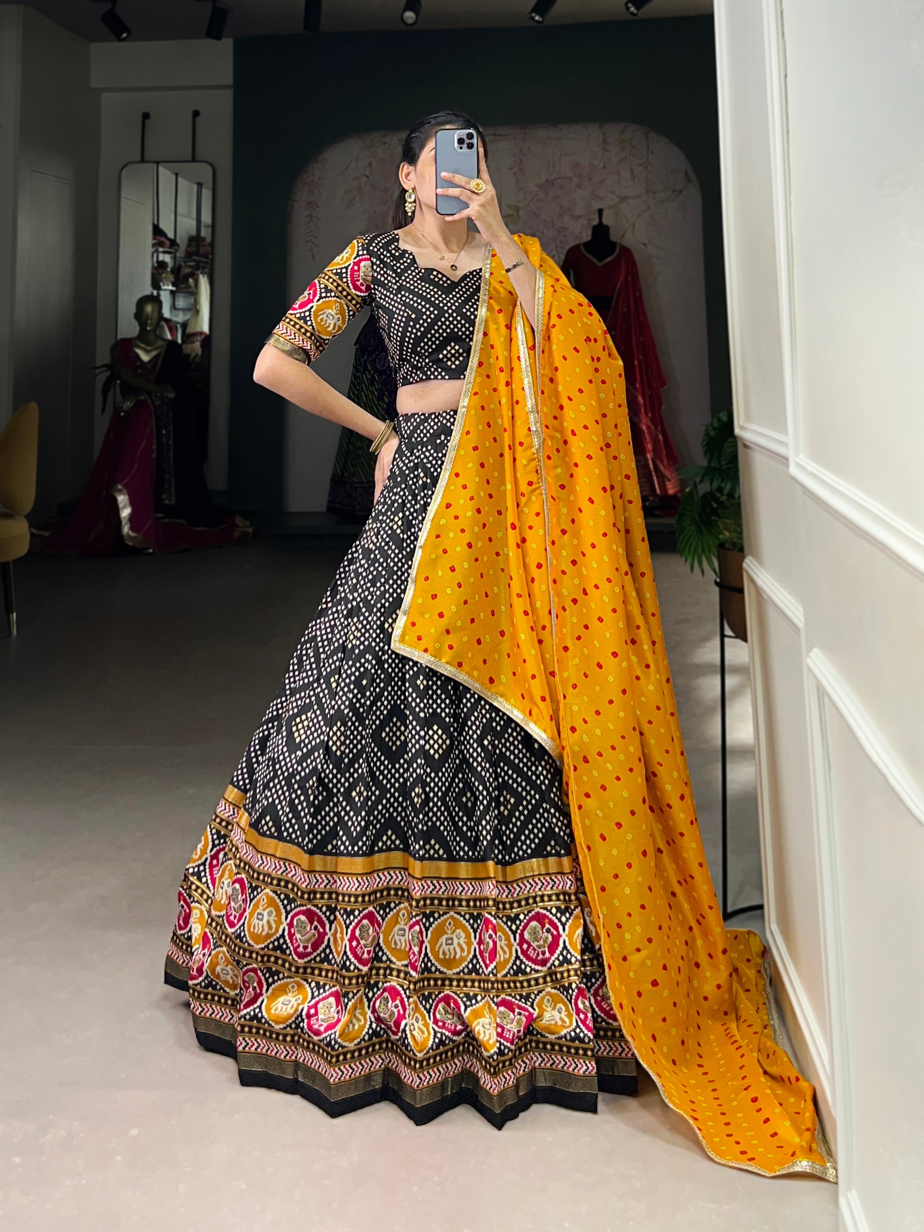 Black Royal Tussar Silk Lehenga Choli with Bandhej & Patola Prints beautifull Duppta