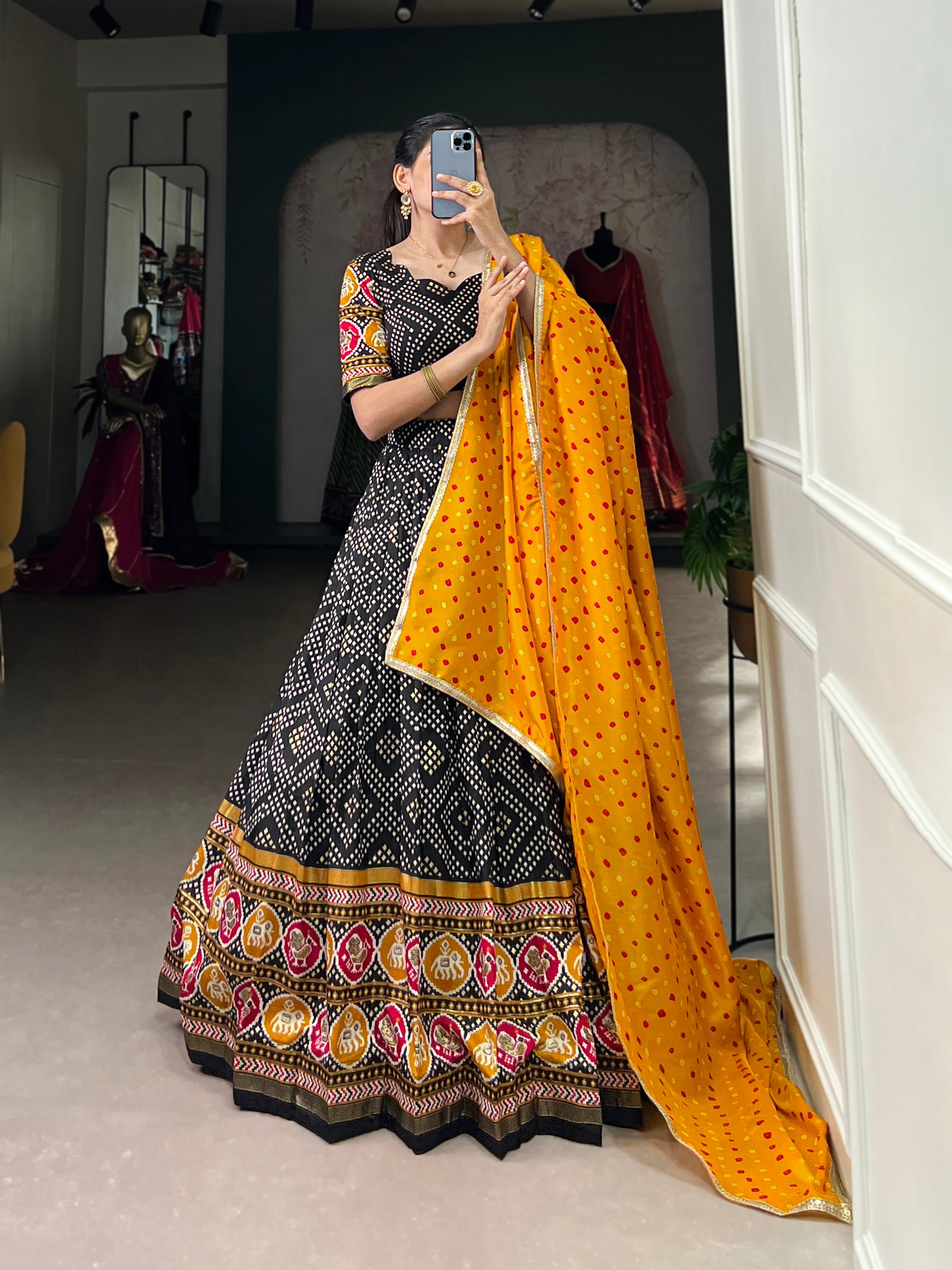Black Royal Tussar Silk Lehenga Choli with Bandhej & Patola Prints beautifull Duppta