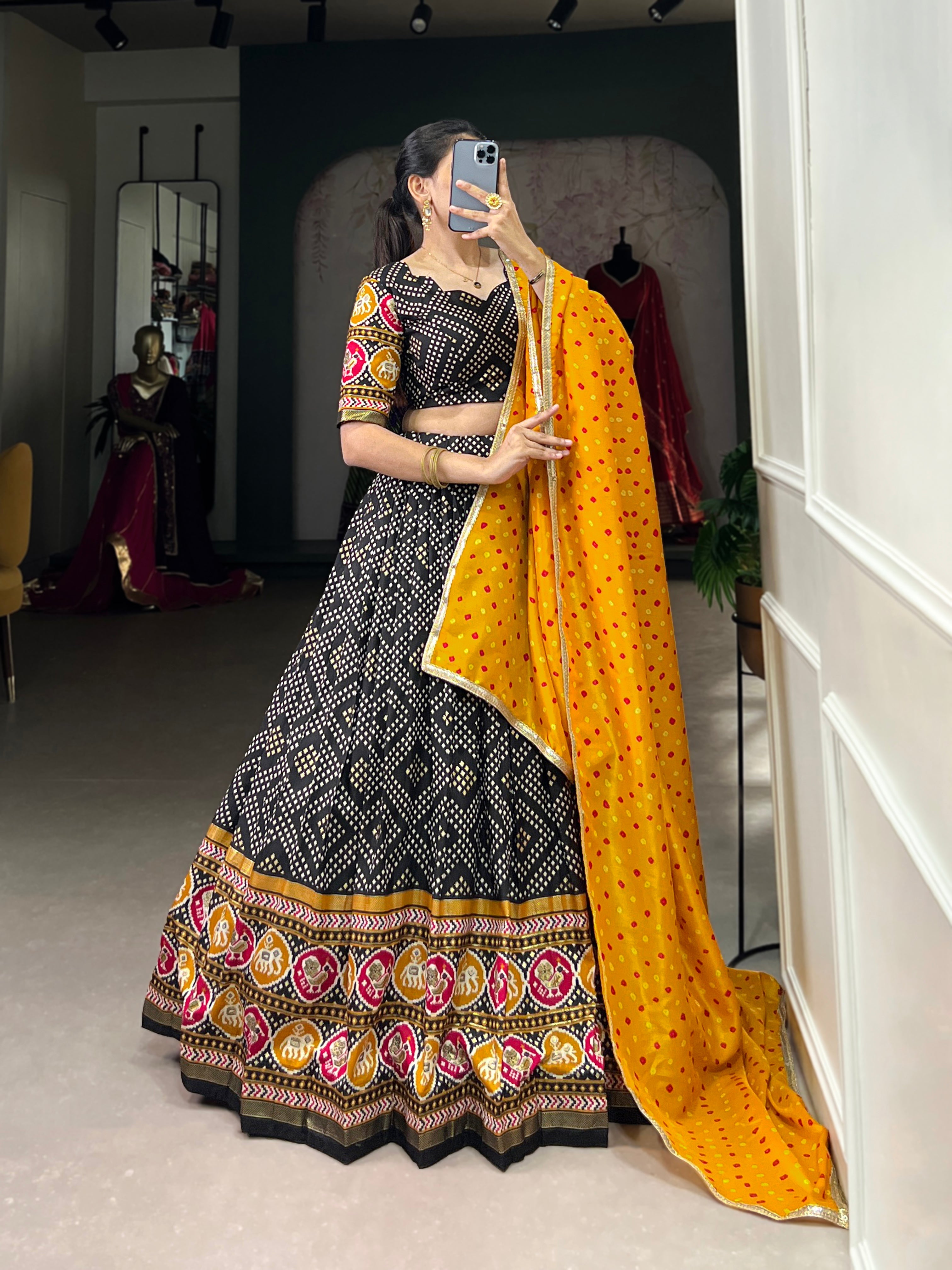 Black Royal Tussar Silk Lehenga Choli with Bandhej & Patola Prints beautifull Duppta