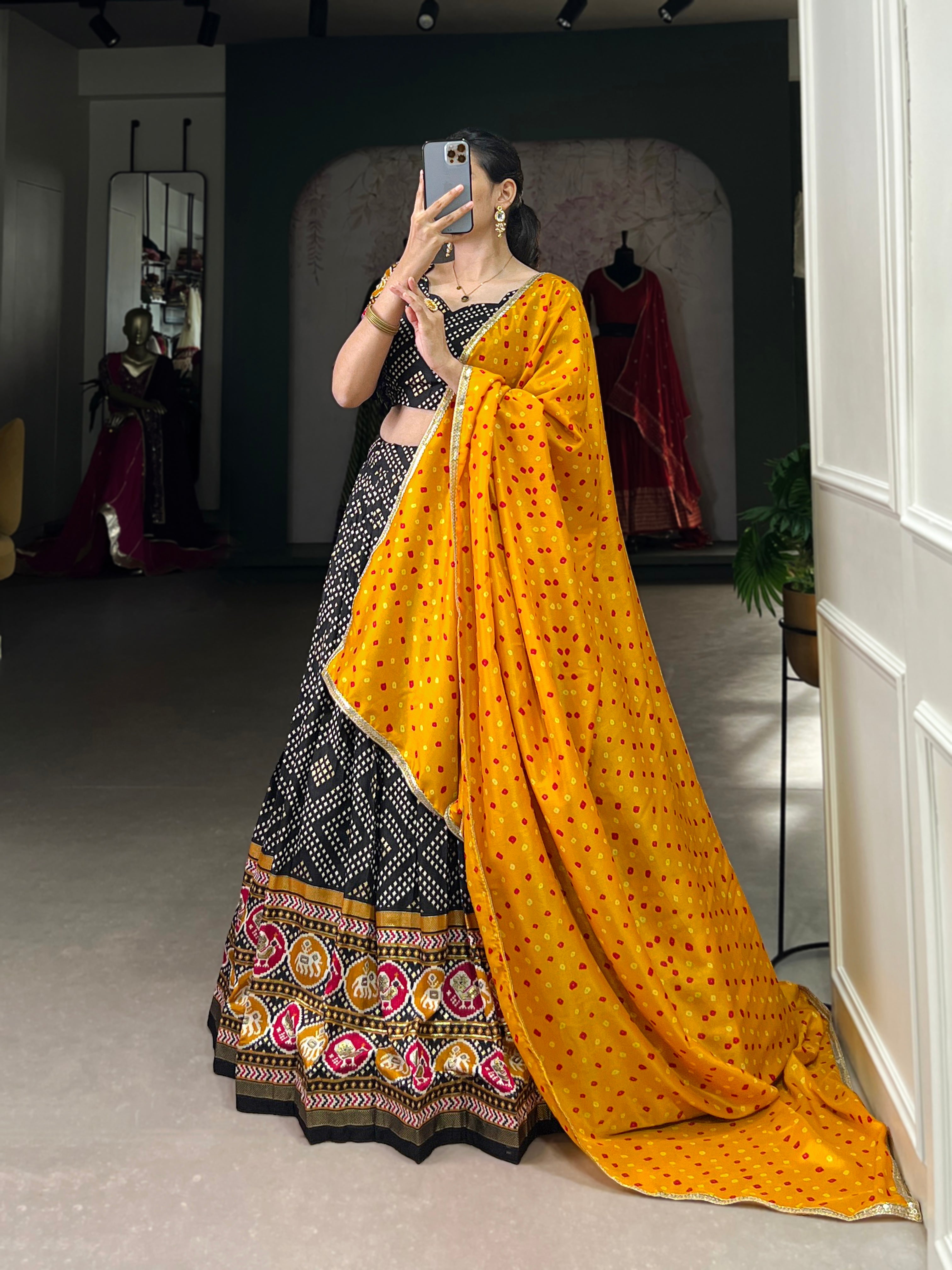 Black Royal Tussar Silk Lehenga Choli with Bandhej & Patola Prints beautifull Duppta