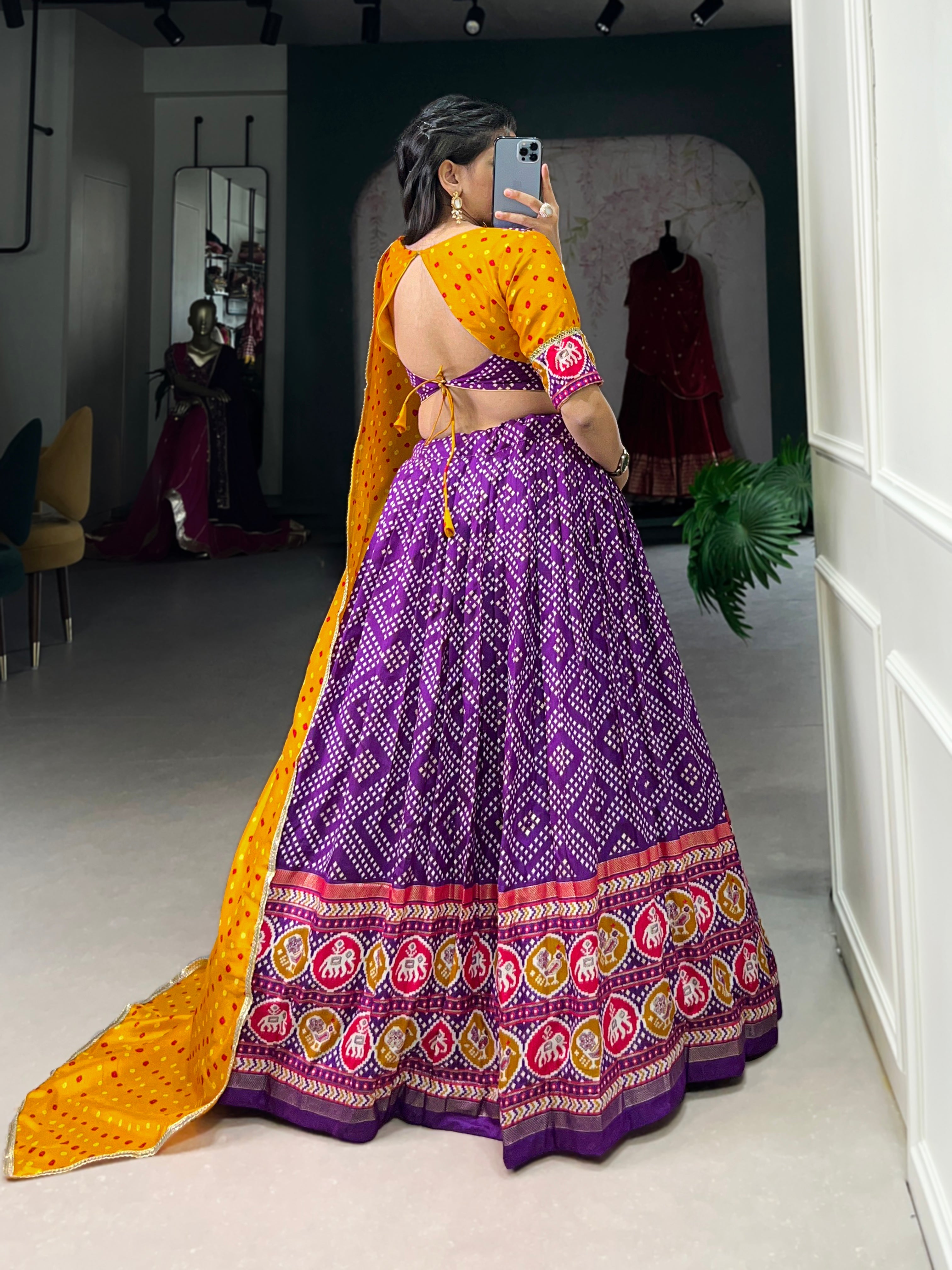Purple Royal Tussar Silk Lehenga Choli with Bandhej & Patola Prints beautifull Duppta