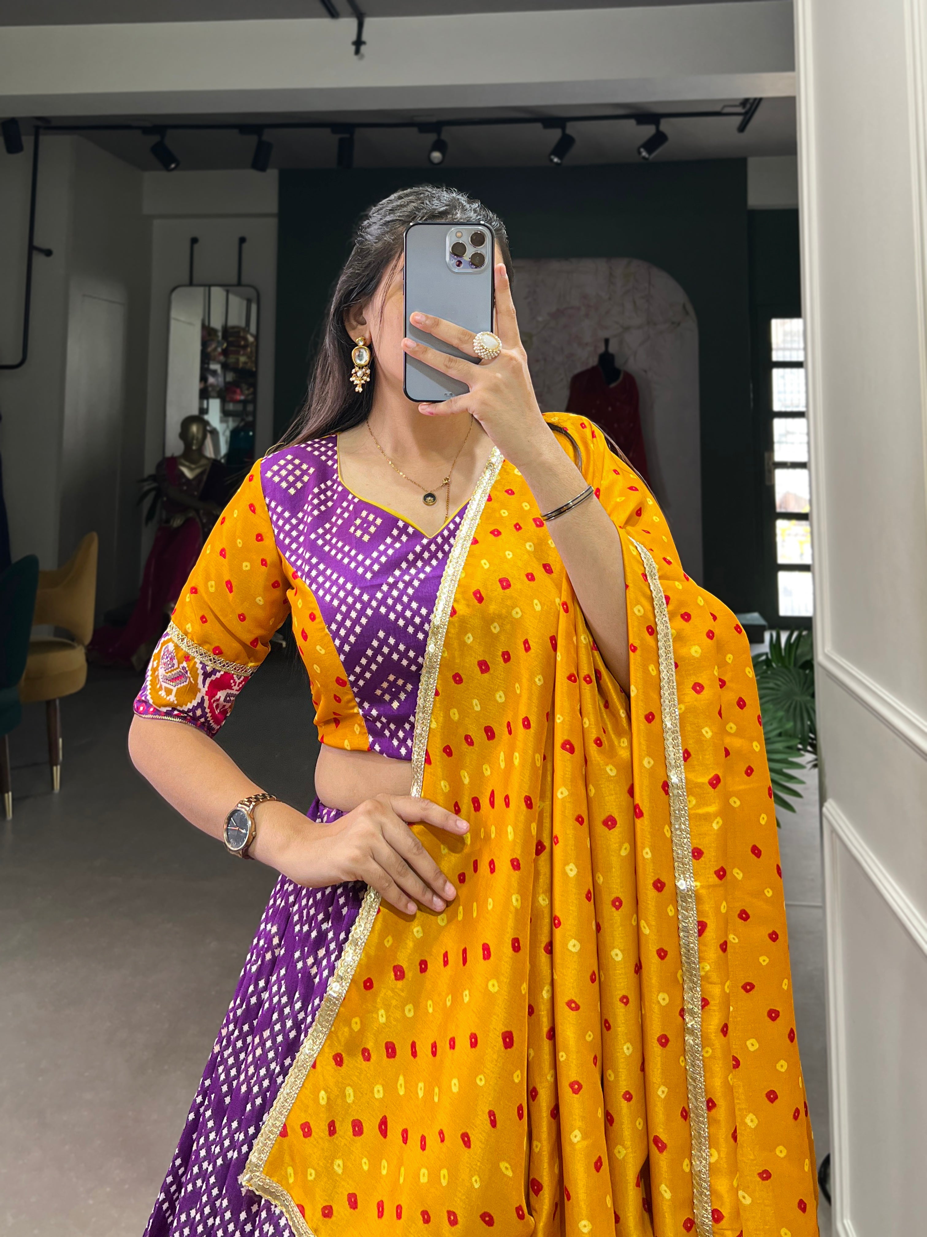 Purple Royal Tussar Silk Lehenga Choli with Bandhej & Patola Prints beautifull Duppta