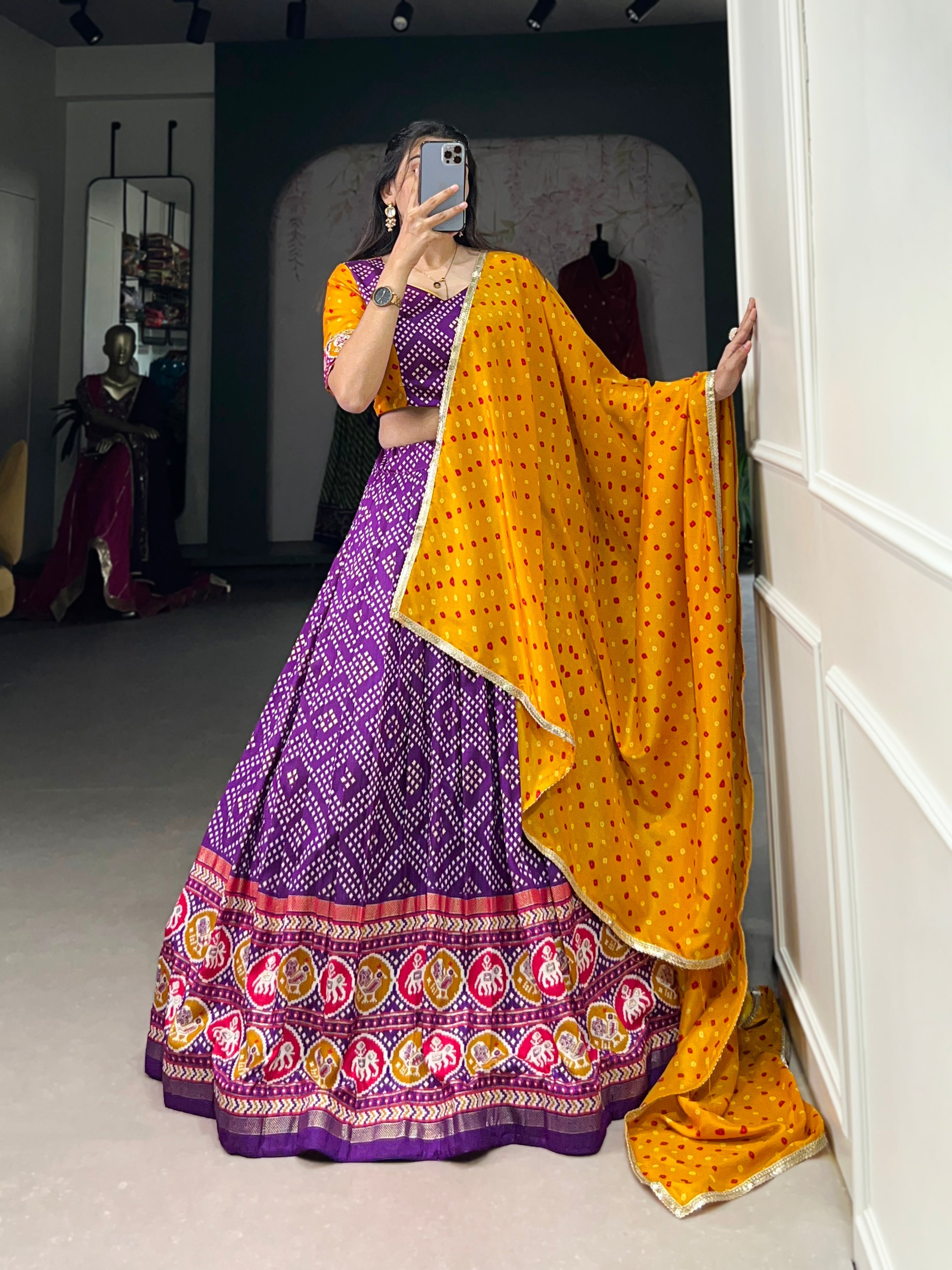 Purple Royal Tussar Silk Lehenga Choli with Bandhej & Patola Prints beautifull Duppta