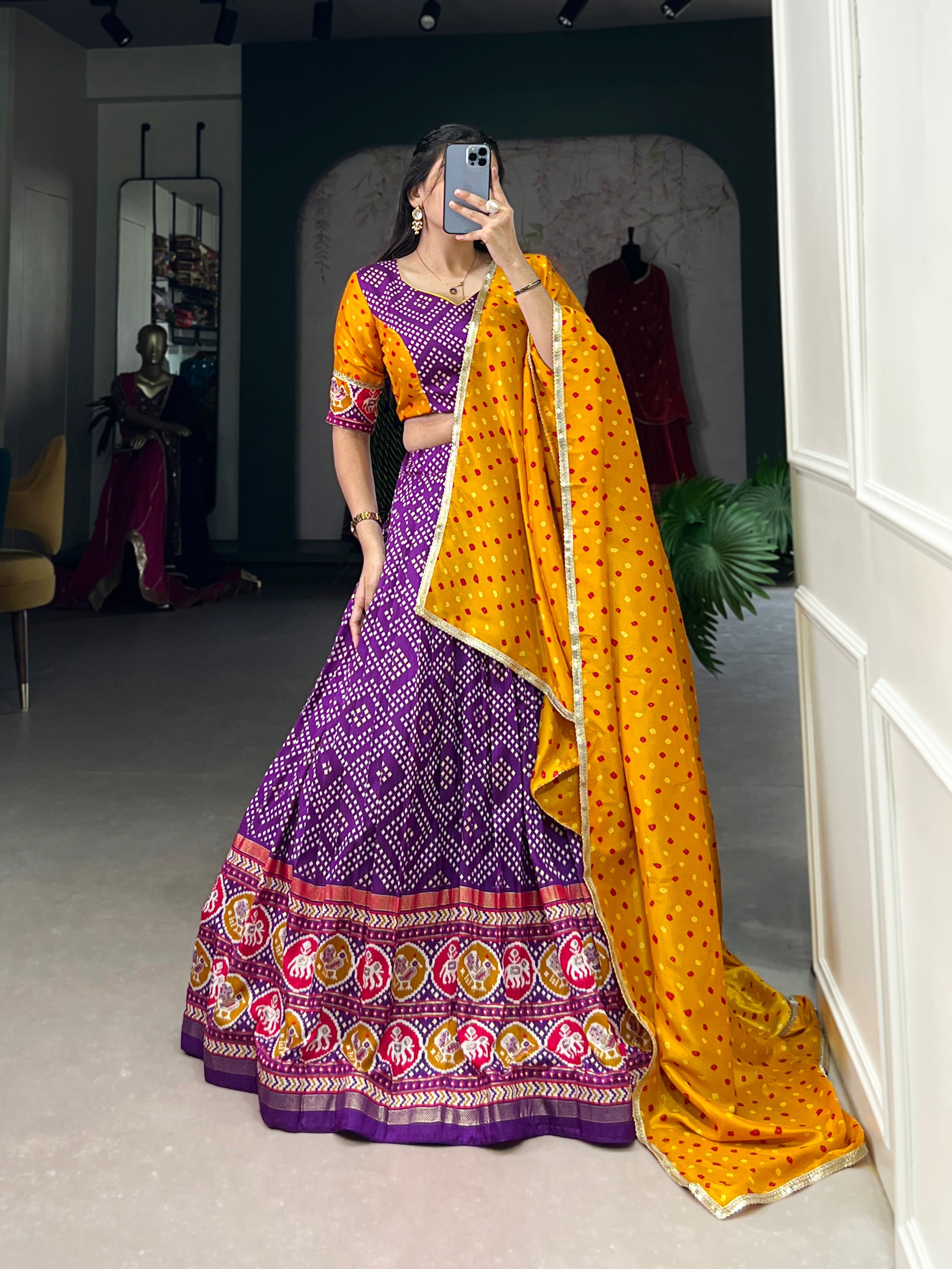 Purple Royal Tussar Silk Lehenga Choli with Bandhej & Patola Prints beautifull Duppta