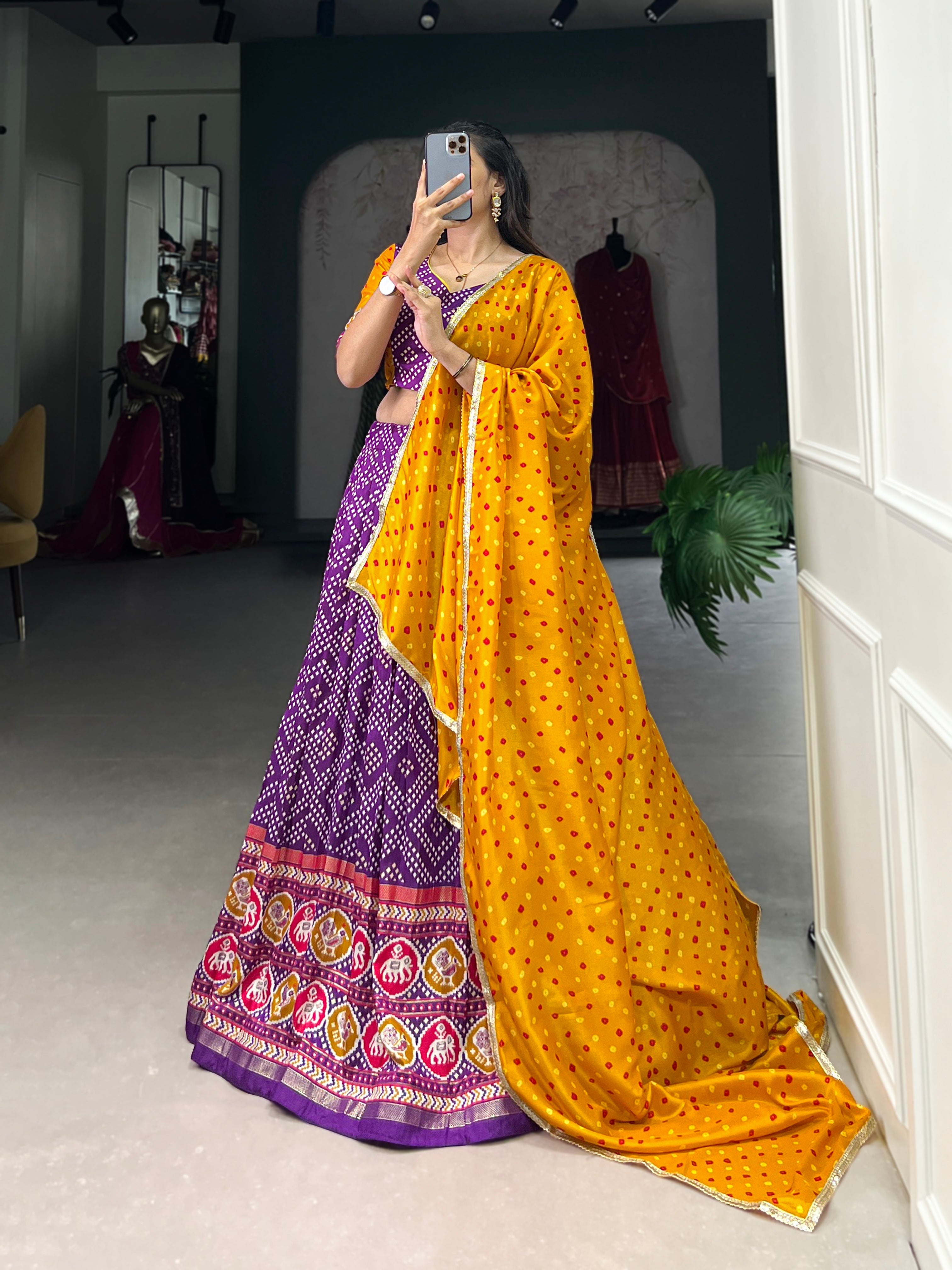Purple Royal Tussar Silk Lehenga Choli with Bandhej & Patola Prints beautifull Duppta