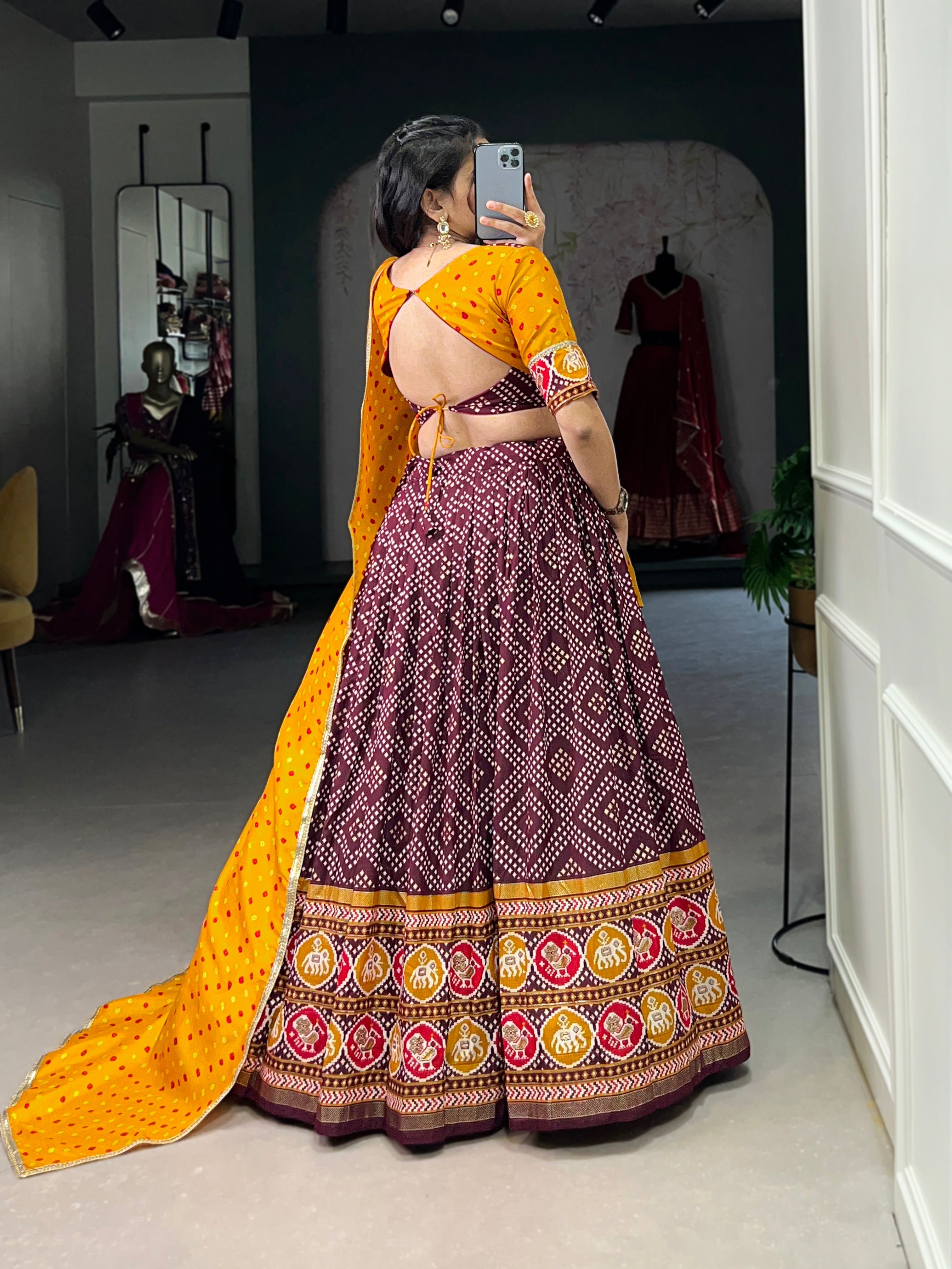 Wine  Royal Tussar Silk Lehenga Choli with Bandhej & Patola Prints beautifull Duppta