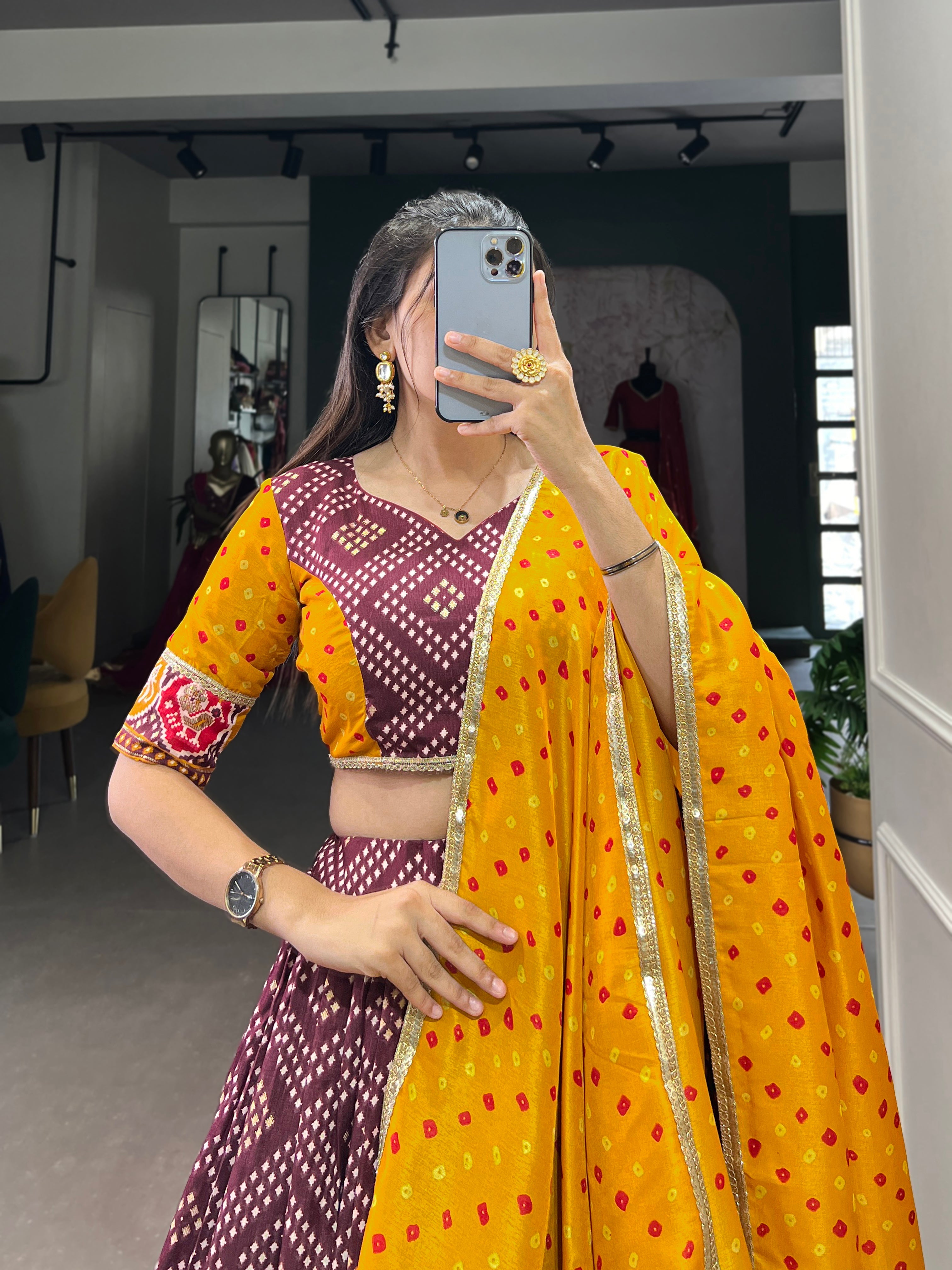 Wine  Royal Tussar Silk Lehenga Choli with Bandhej & Patola Prints beautifull Duppta