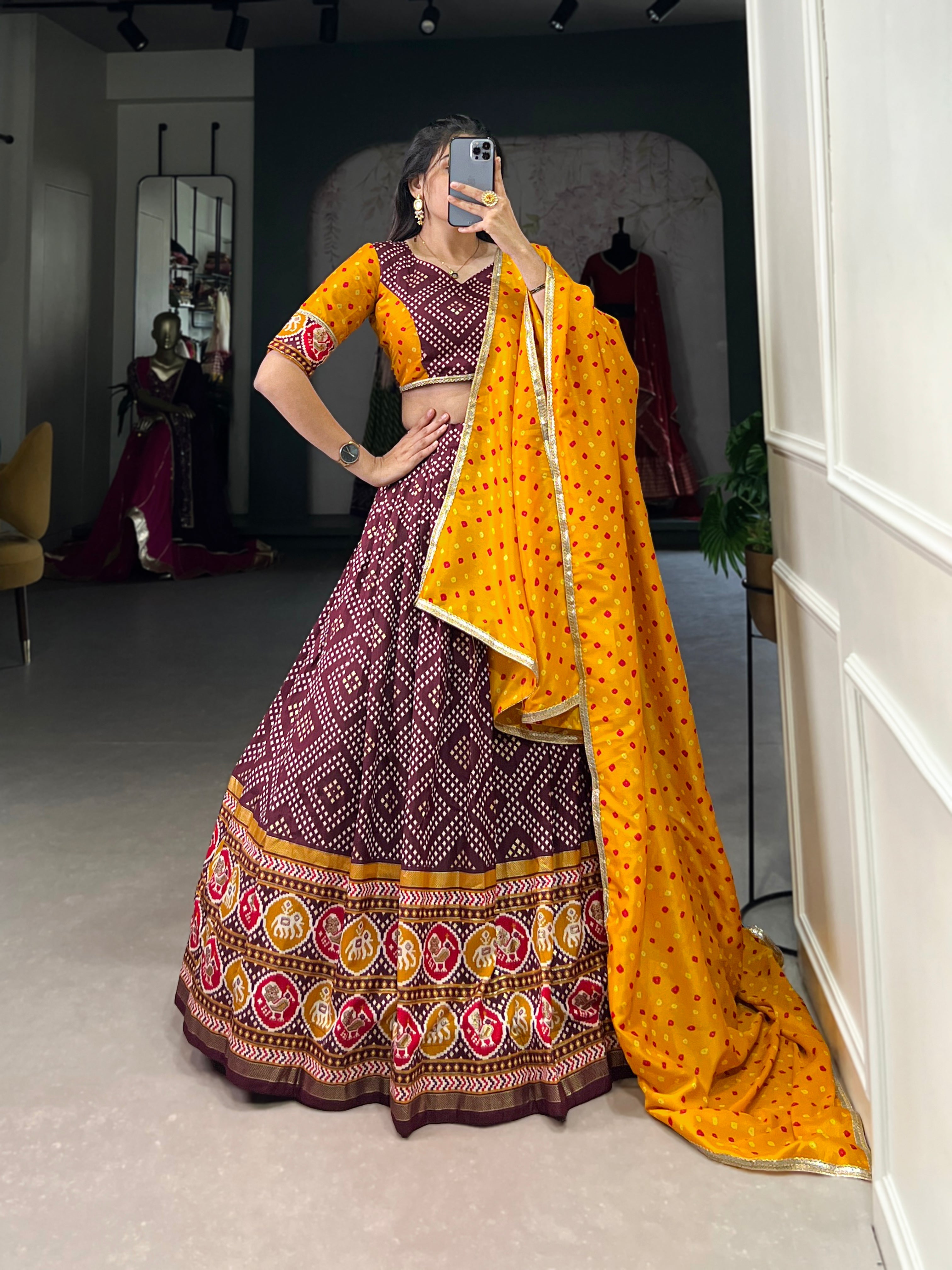 Wine  Royal Tussar Silk Lehenga Choli with Bandhej & Patola Prints beautifull Duppta