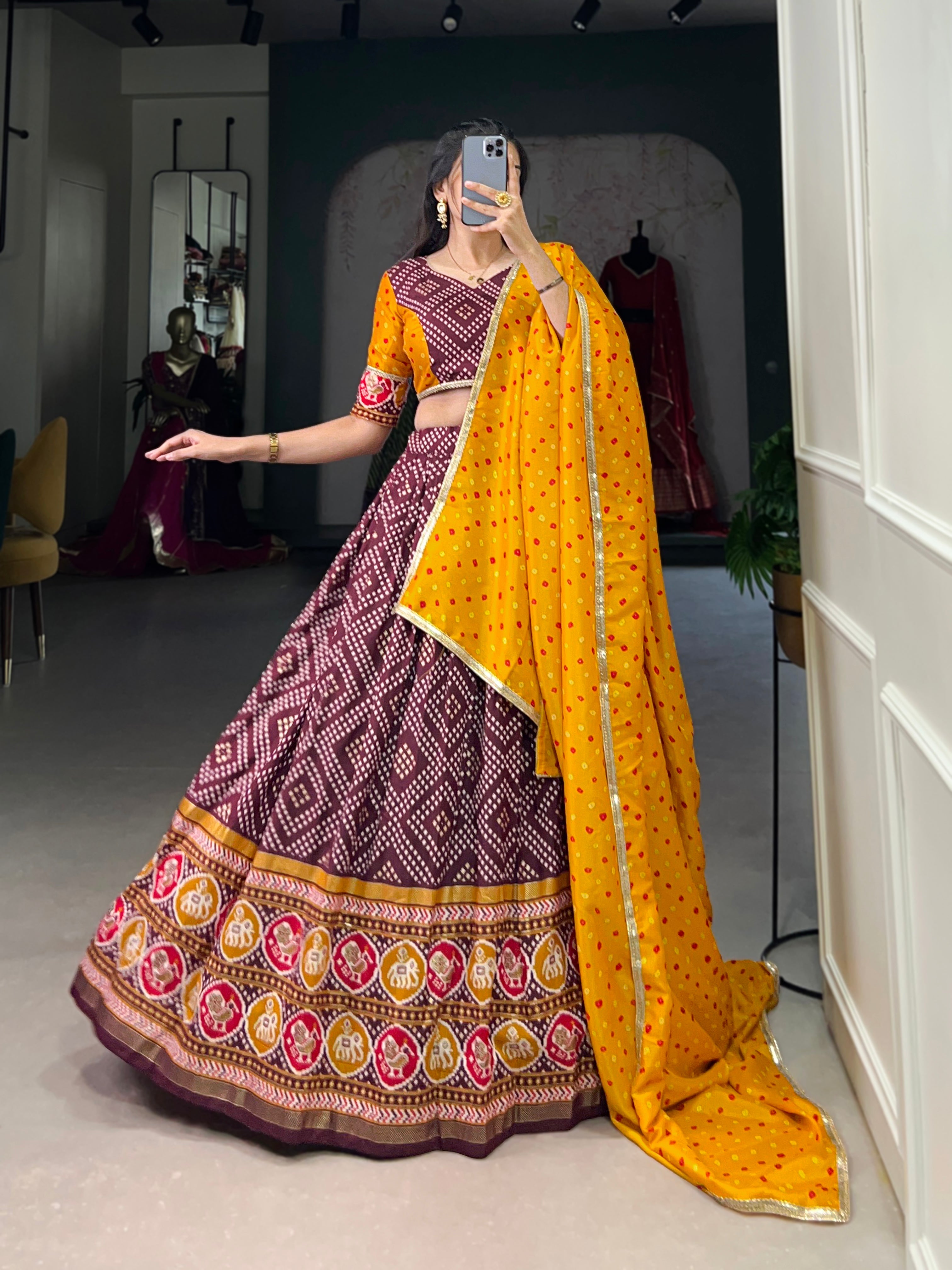 Wine  Royal Tussar Silk Lehenga Choli with Bandhej & Patola Prints beautifull Duppta