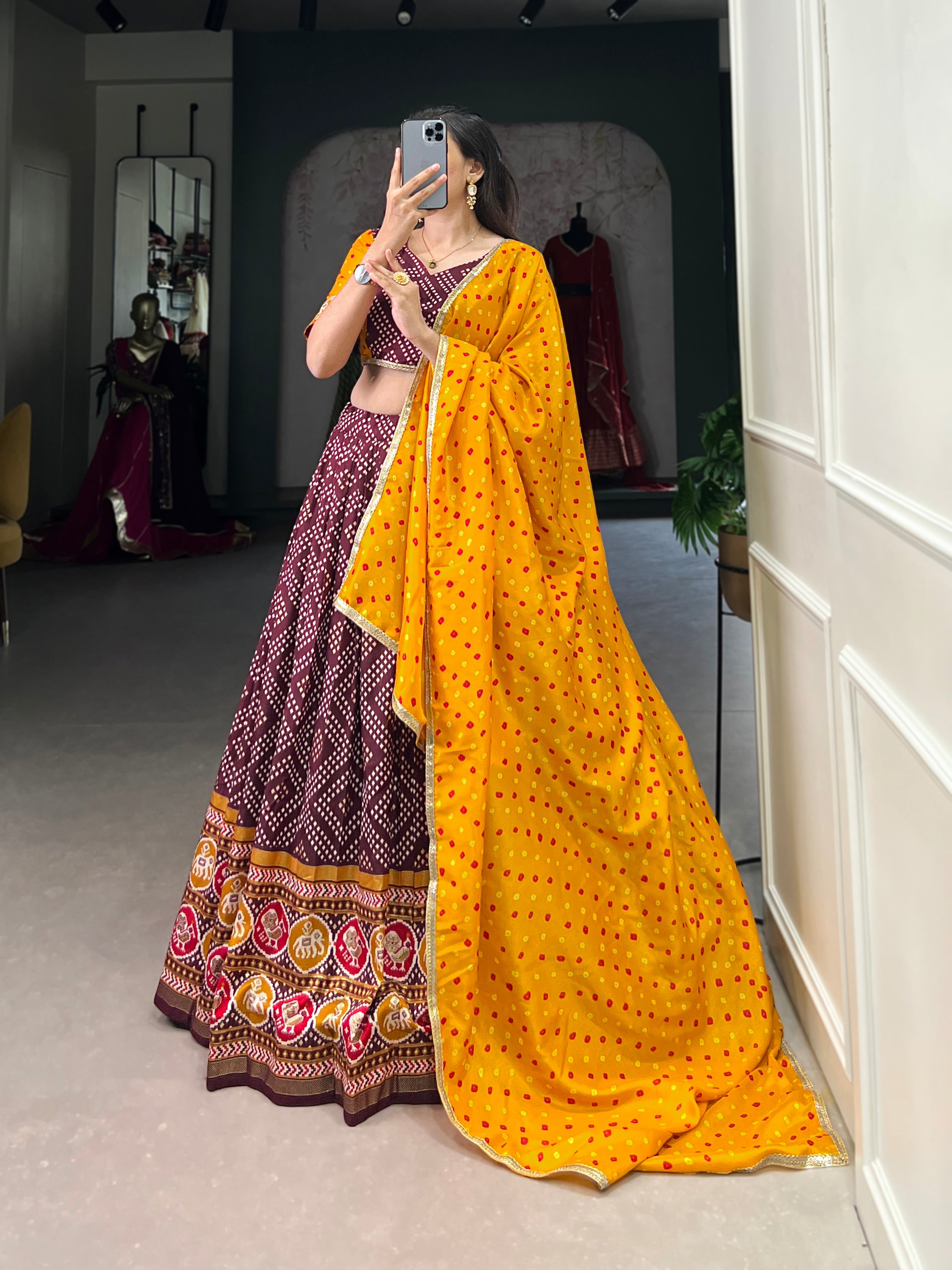 Wine  Royal Tussar Silk Lehenga Choli with Bandhej & Patola Prints beautifull Duppta