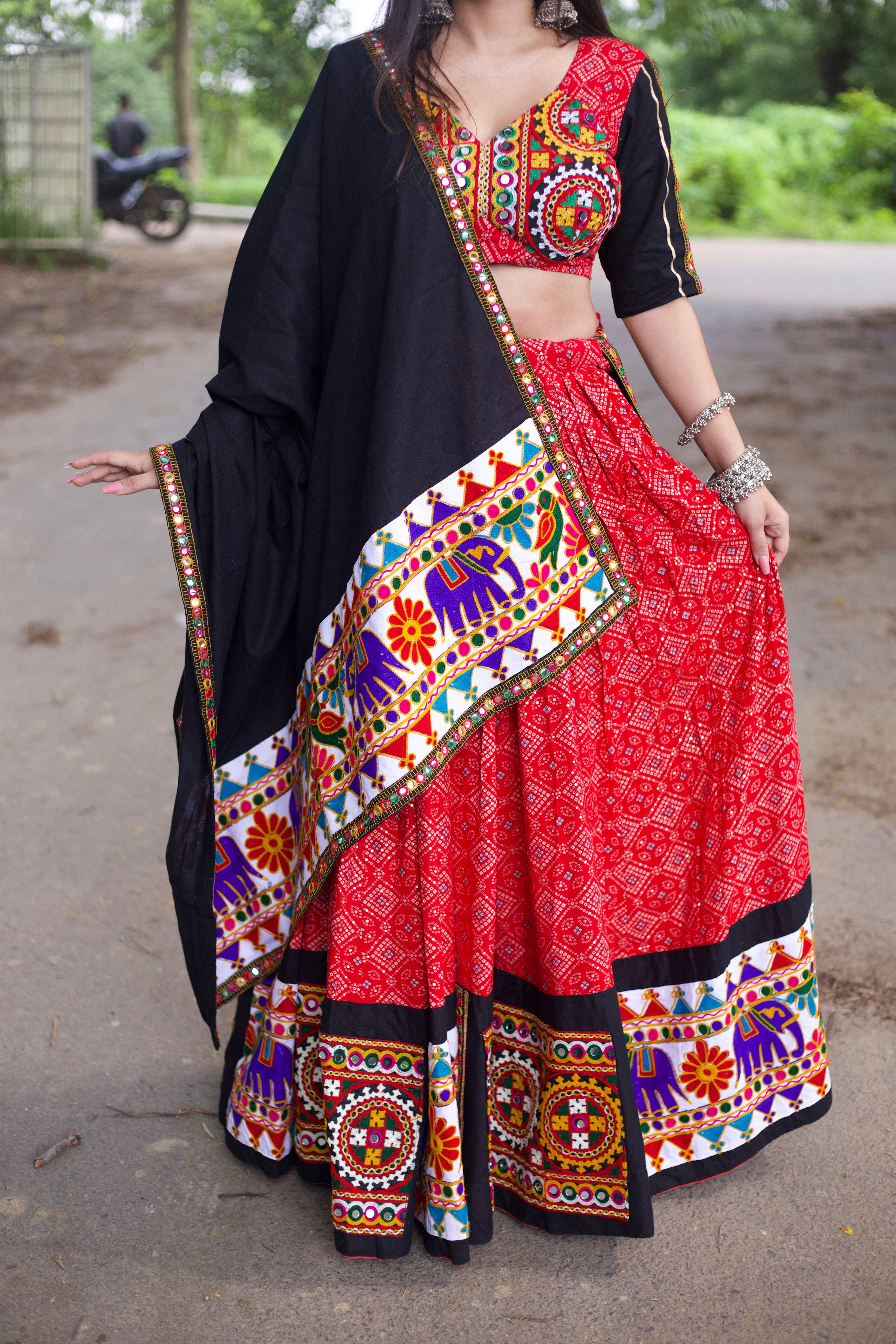 Red Navratri Ready to Wear Lehenga Choli With Print Gamthi Work . feel the stories of navratri traditions
