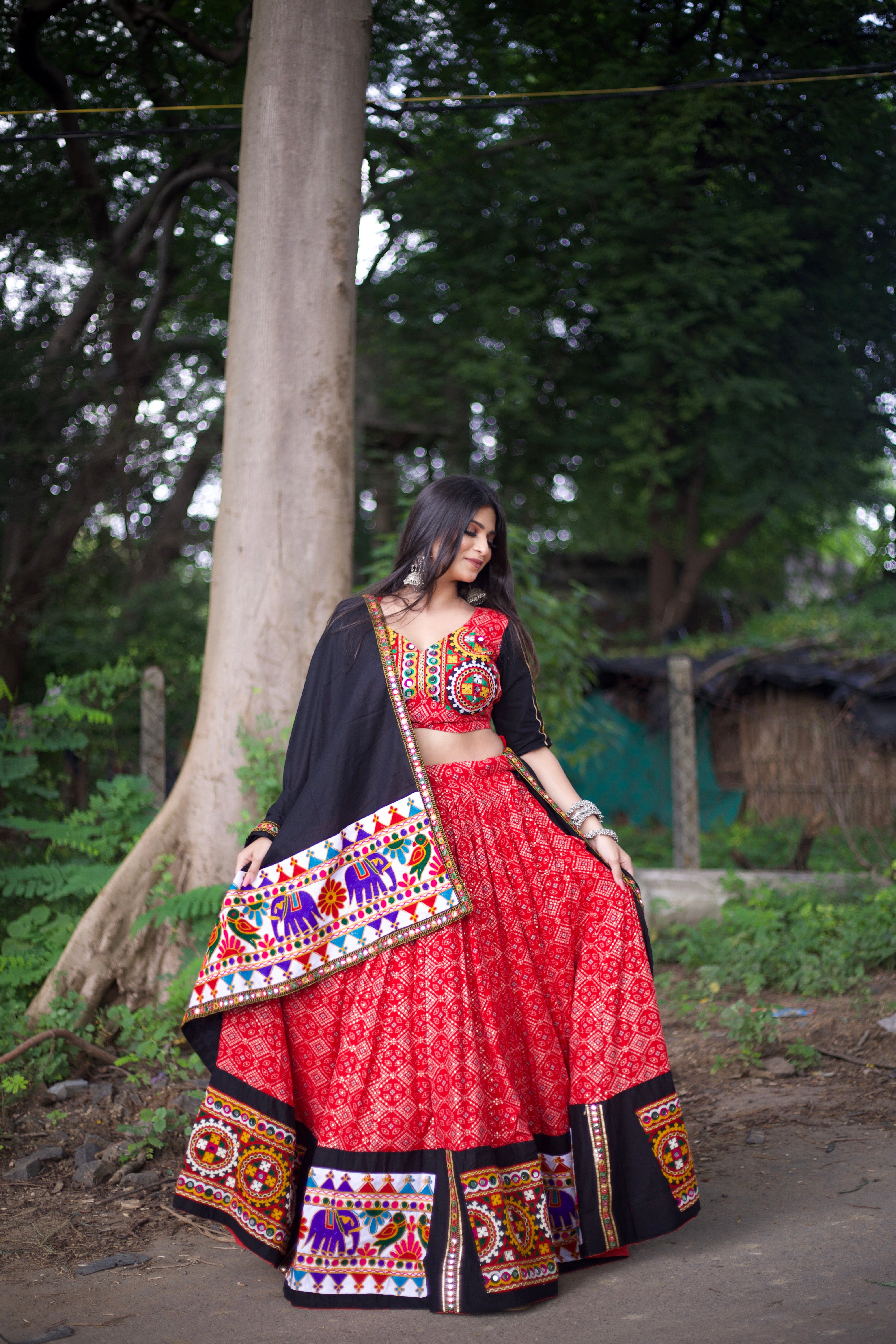 Red Navratri Ready to Wear Lehenga Choli With Print Gamthi Work . feel the stories of navratri traditions